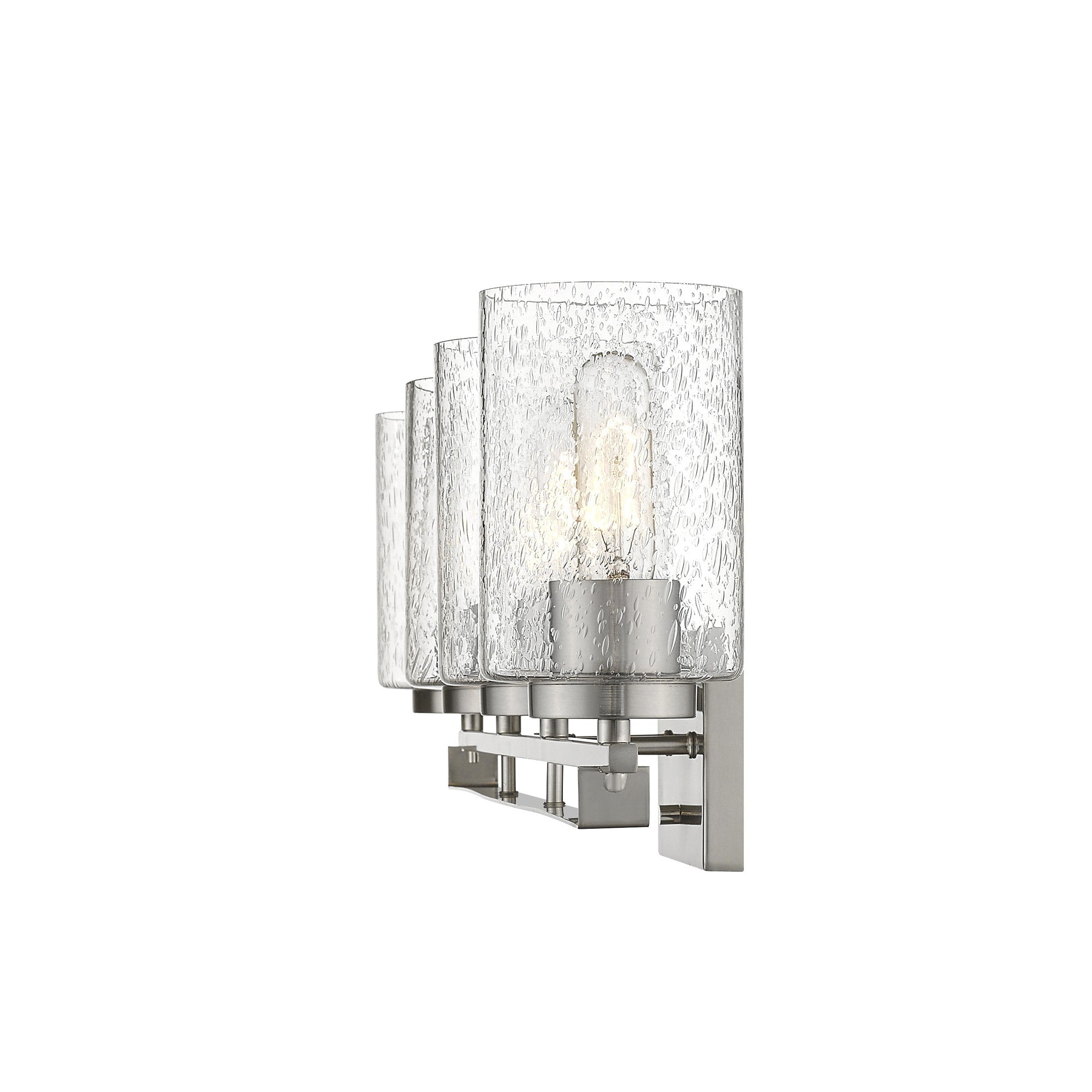 Side view of the Orella 4-light satin nickel vanity with clear seedy glass shades for modern bathroom lighting, 32 inches wide, dimmable, mount up or down.
