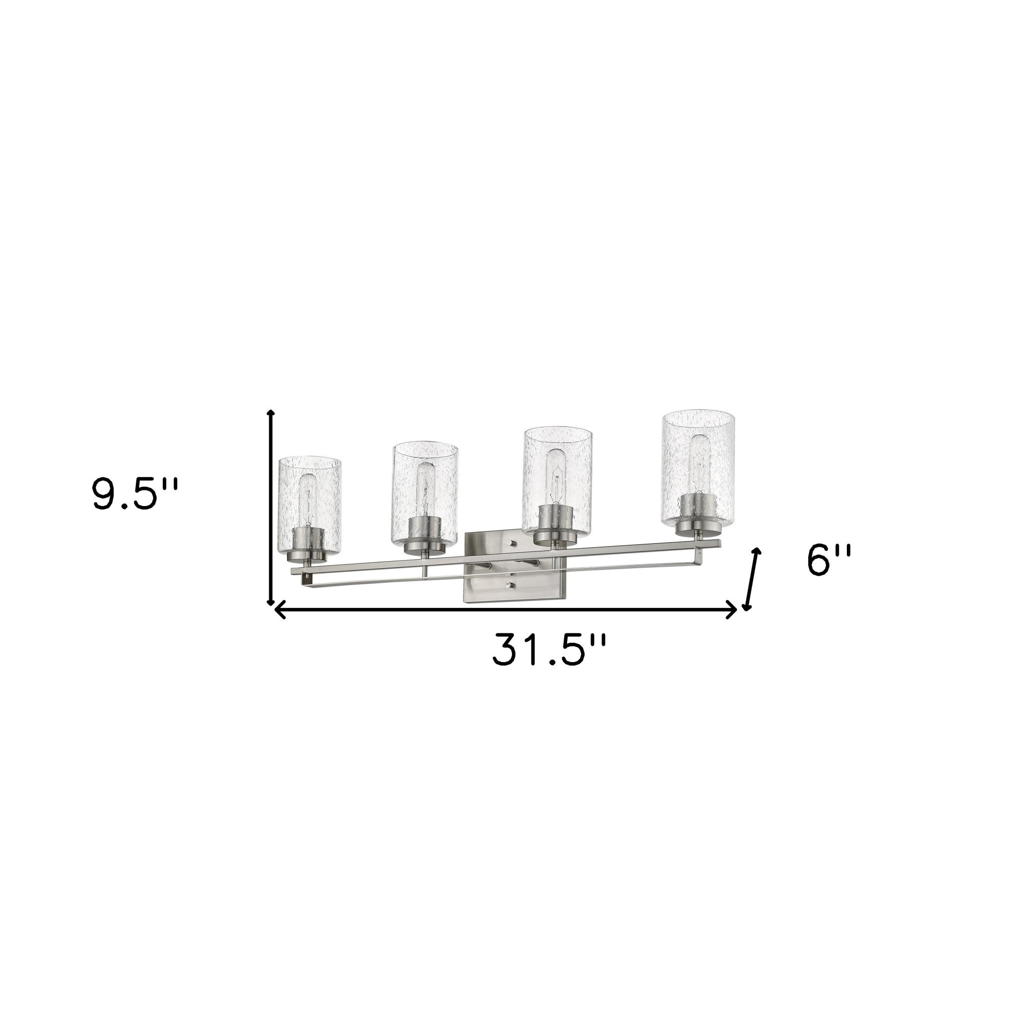 Orella 4-light satin nickel vanity with clear seedy glass shades for modern bathroom lighting, 32 inches wide, dimmable, mount up or down shown with dimensions of 9 point 5 inches high by 31 point 5 inches wide by 6 inches deep