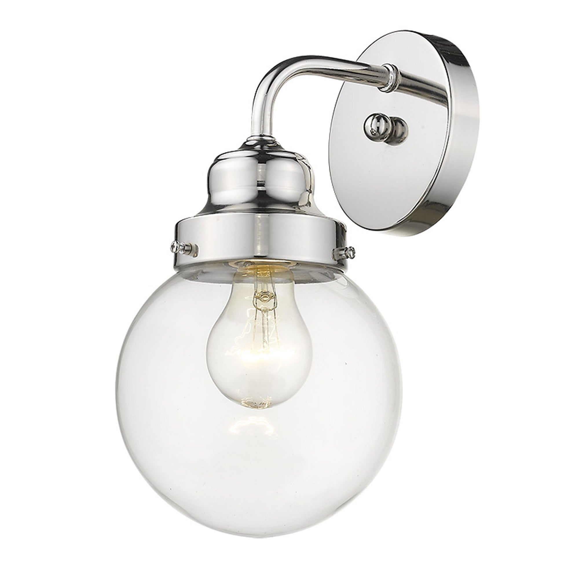 Right side angle view of the lighted Silver wall sconce with round glass shade for modern bathroom, hallway, or bedroom lighting, adjustable and dimmable, 6 inches wide.