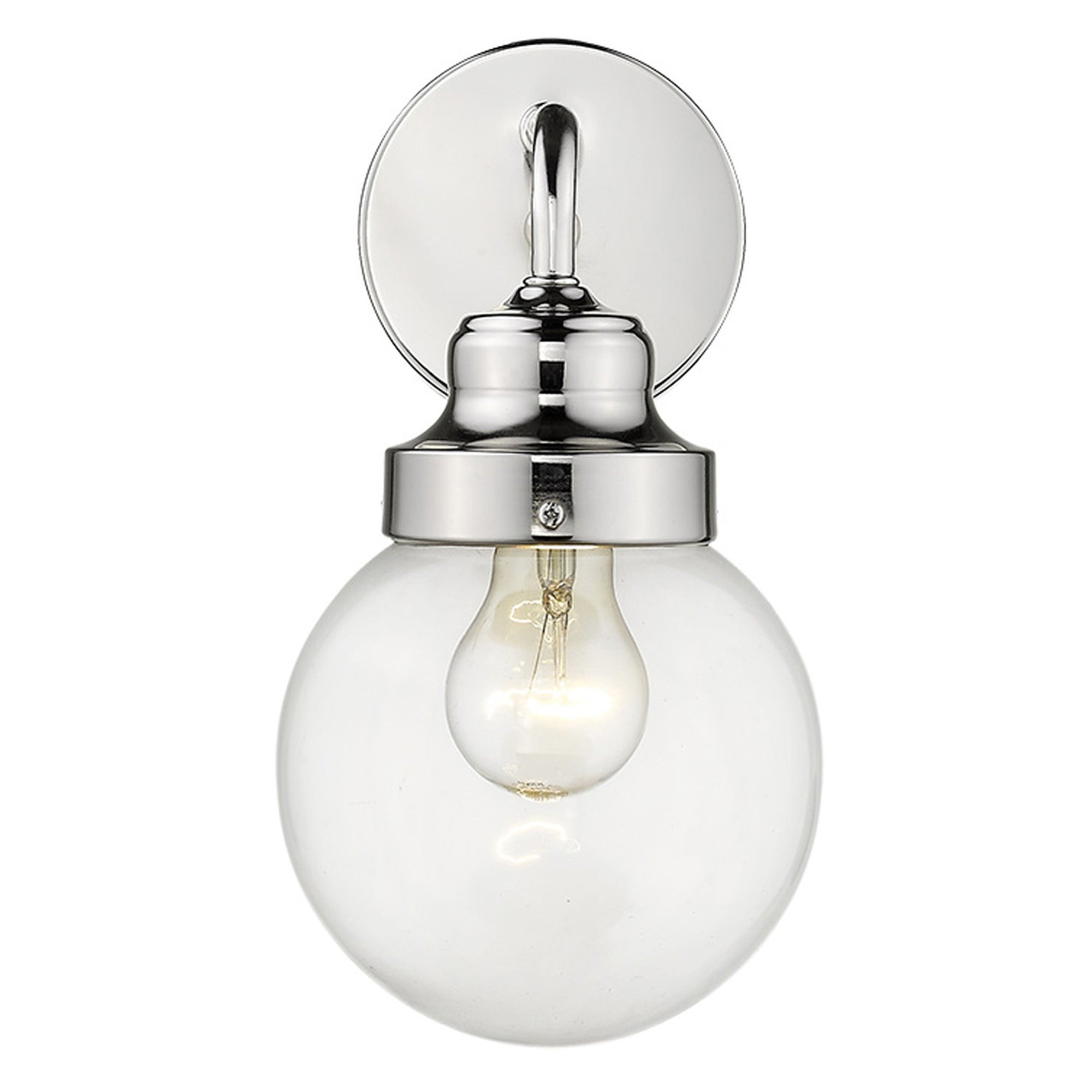 Front view of the lighted Silver wall sconce with round glass shade for modern bathroom, hallway, or bedroom lighting, adjustable and dimmable, 6 inches wide.