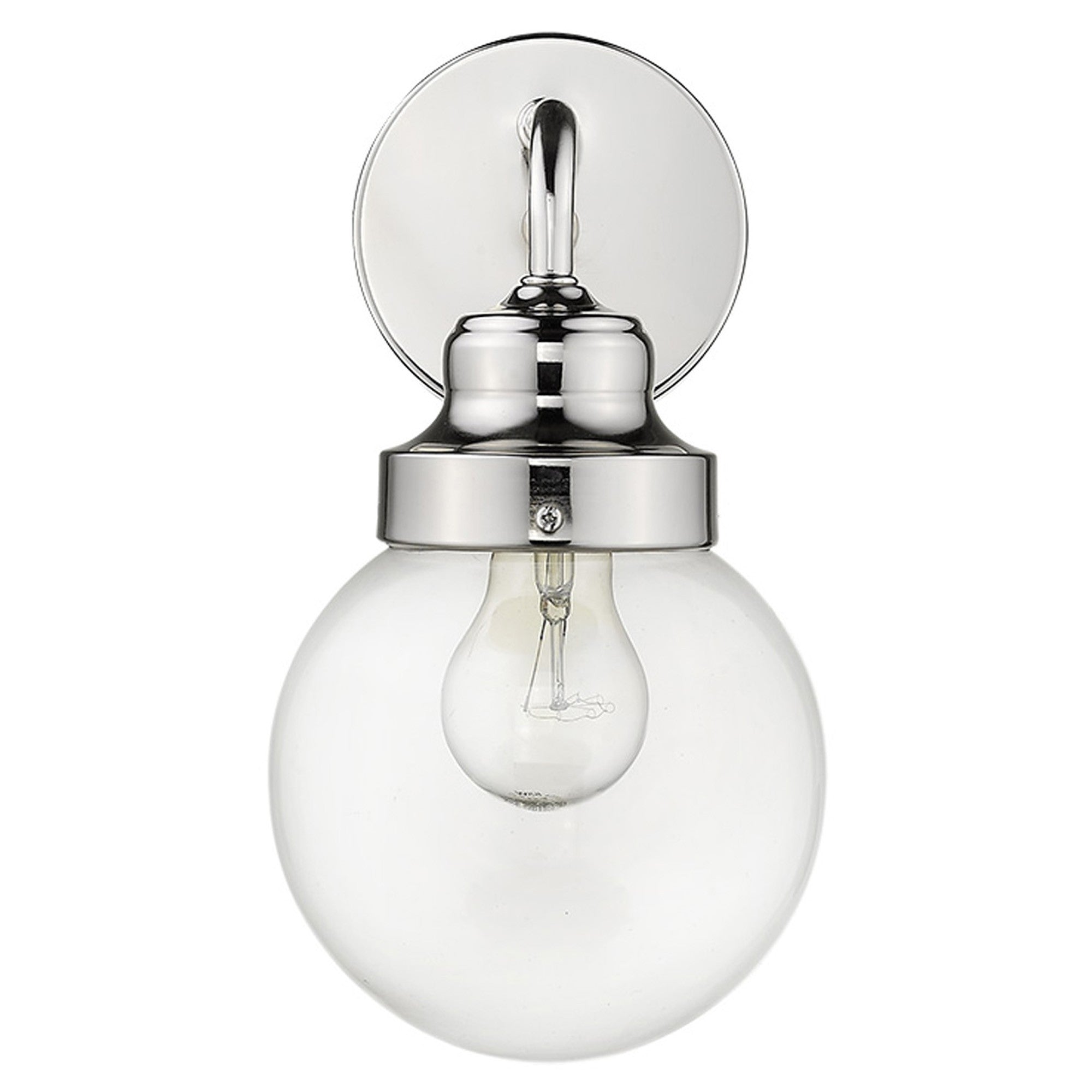 Front view of the Silver wall sconce with round glass shade for modern bathroom, hallway, or bedroom lighting, adjustable and dimmable, 6 inches wide.