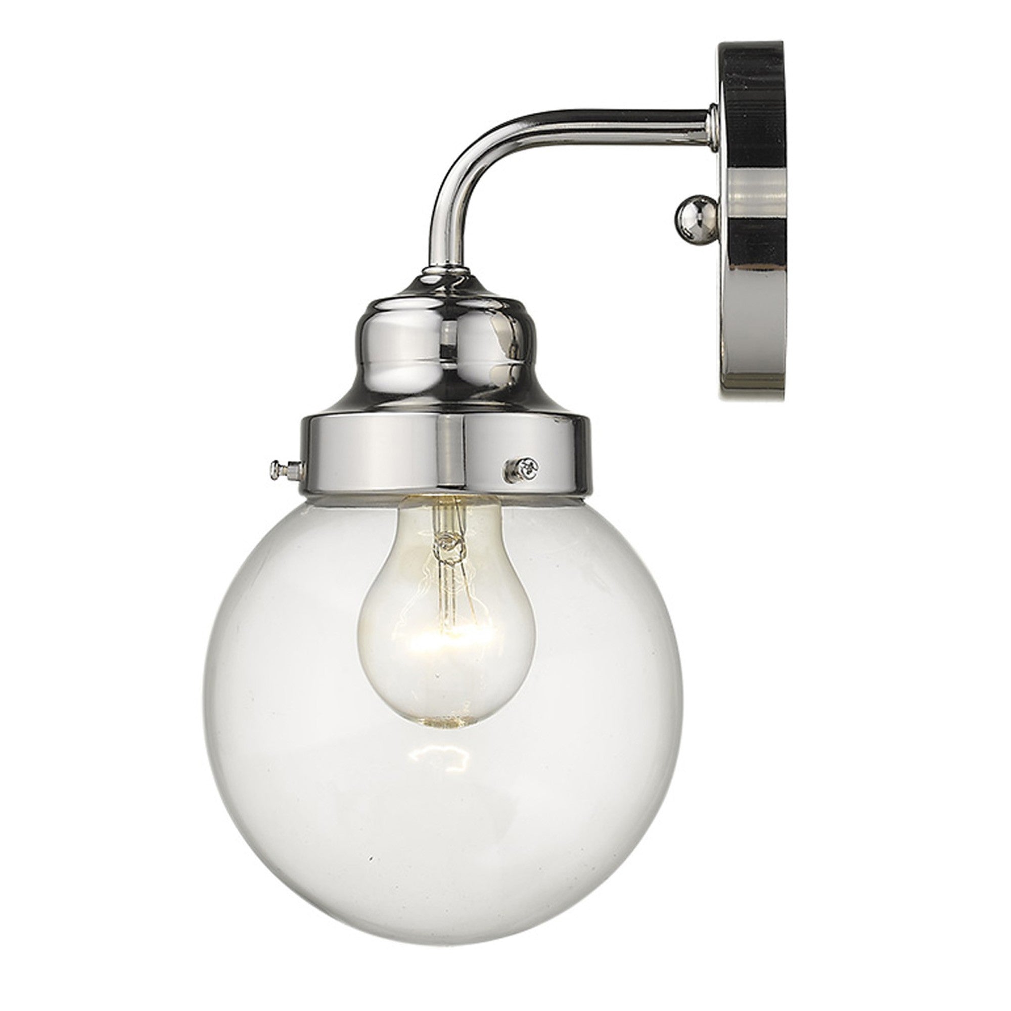 SIde view of the lighted Silver wall sconce with round glass shade for modern bathroom, hallway, or bedroom lighting, adjustable and dimmable, 6 inches wide.