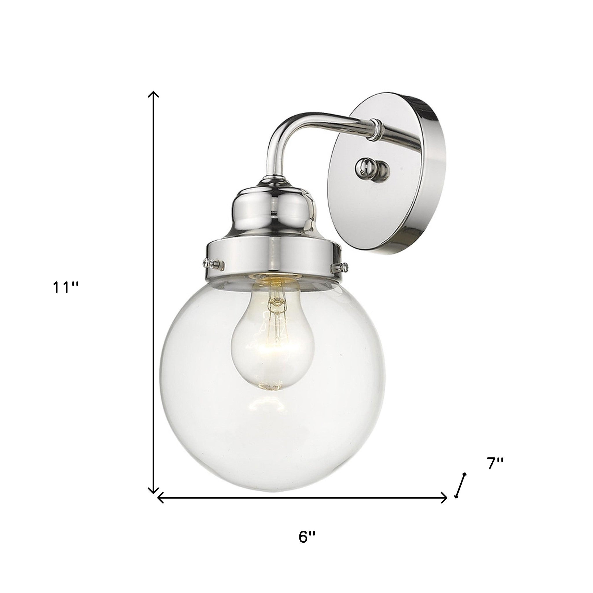 Silver wall sconce with round glass shade for modern bathroom, hallway, or bedroom lighting, adjustable and dimmable shown with dimensions of 11 inches by by 6 inches wide by 7 inches deep