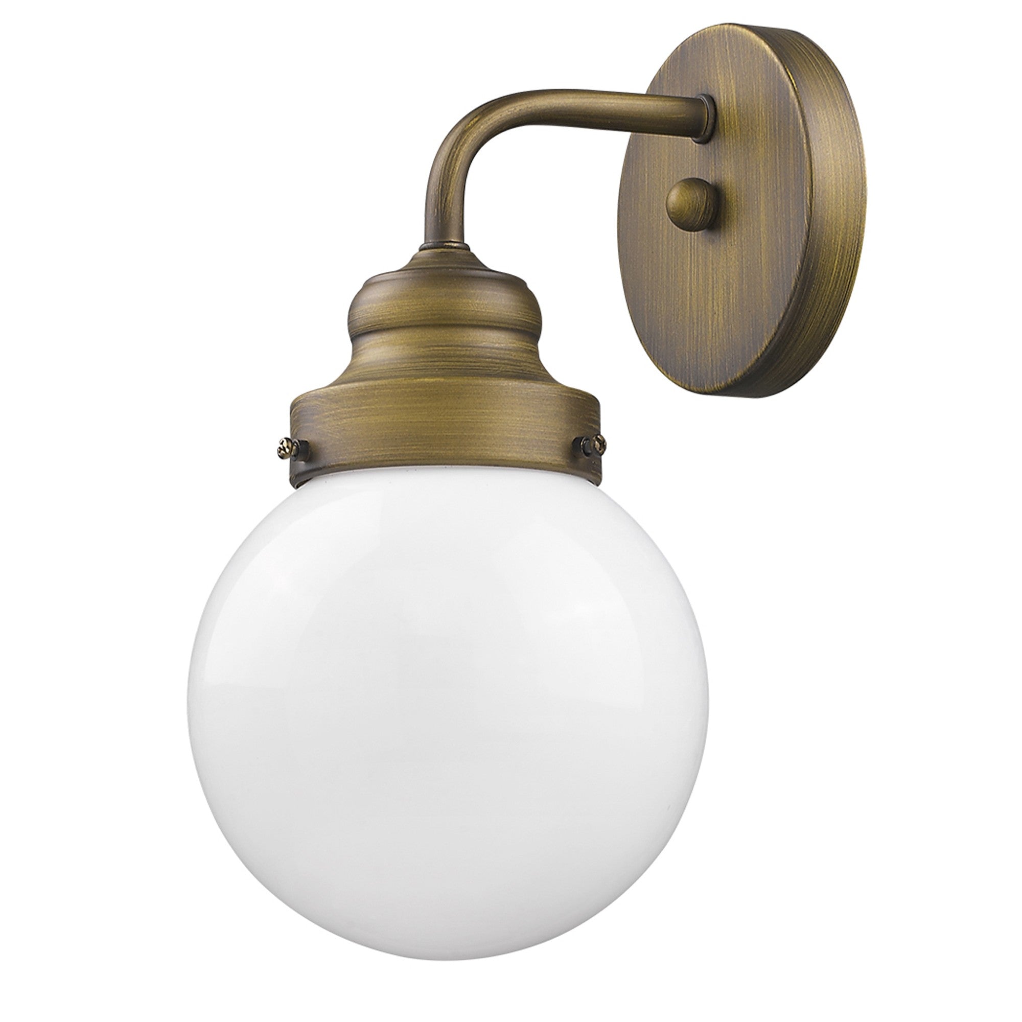 Right side angle view of the One-light brushed gold wall sconce with round glass shade for modern bathroom, hallway, or bedroom lighting, 6 inches wide and dimmable.