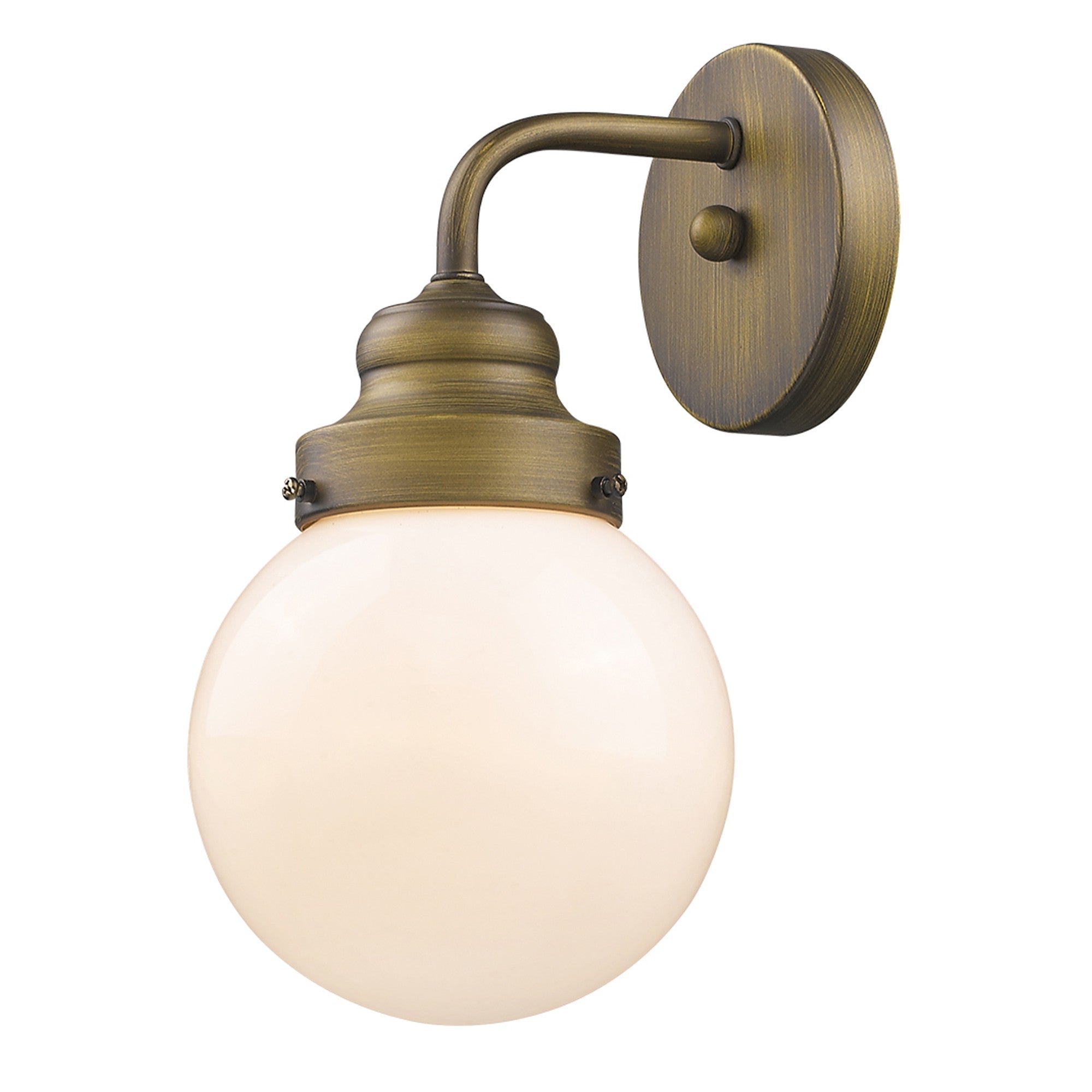 Right side angle view of the lighted One-light brushed gold wall sconce with round glass shade for modern bathroom, hallway, or bedroom lighting, 6 inches wide and dimmable.
