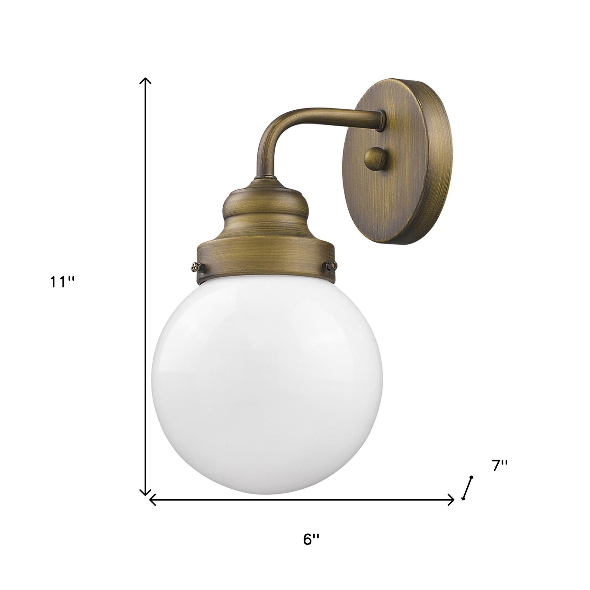One-light brushed gold wall sconce with round glass shade for modern bathroom, hallway, or bedroom lighting, 6 inches wide and dimmable shown with dimensions of 11 inches high by 6 inches wide by 7 inches deep