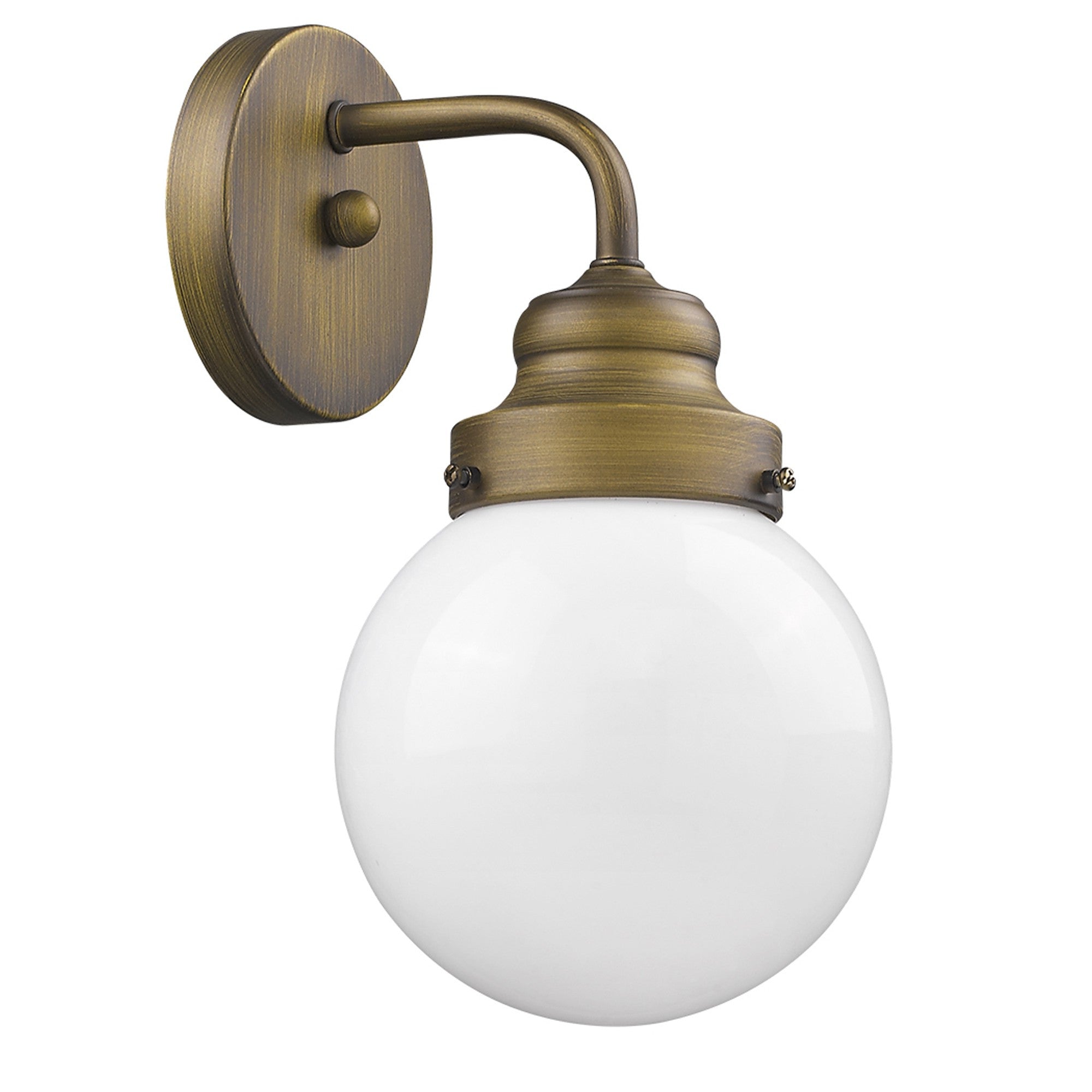 Left side angle view of the One-light brushed gold wall sconce with round glass shade for modern bathroom, hallway, or bedroom lighting, 6 inches wide and dimmable.