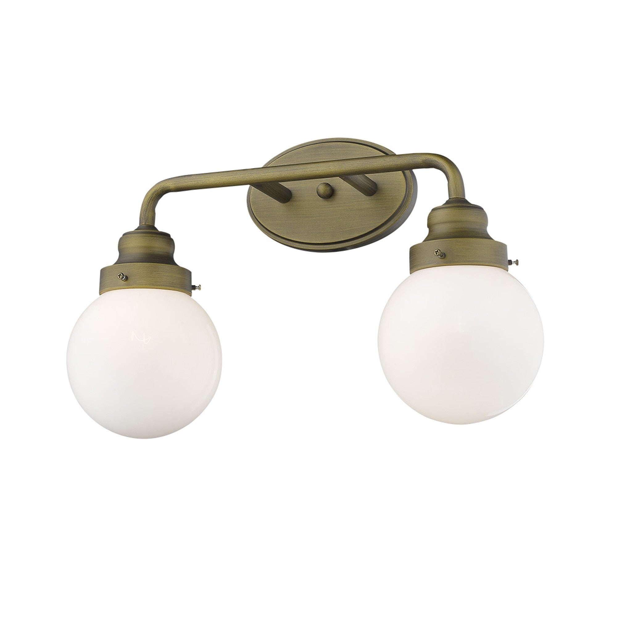 Right side bottom up angle view of the Two-light brushed gold wall sconce with round glass shades for modern bathroom, hallway, or bedroom lighting, 14 inches wide and dimmable.