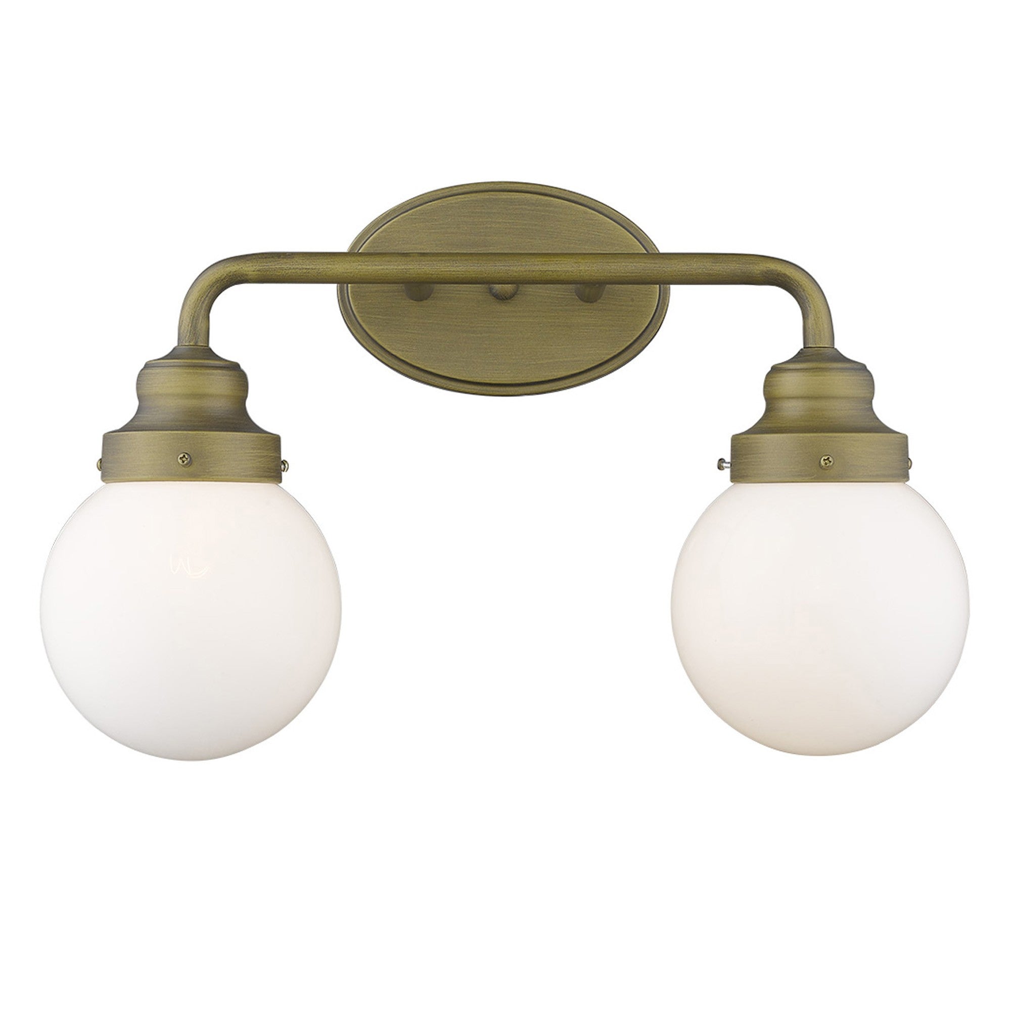 Front view of the lighted Two-light brushed gold wall sconce with round glass shades for modern bathroom, hallway, or bedroom lighting, 14 inches wide and dimmable.