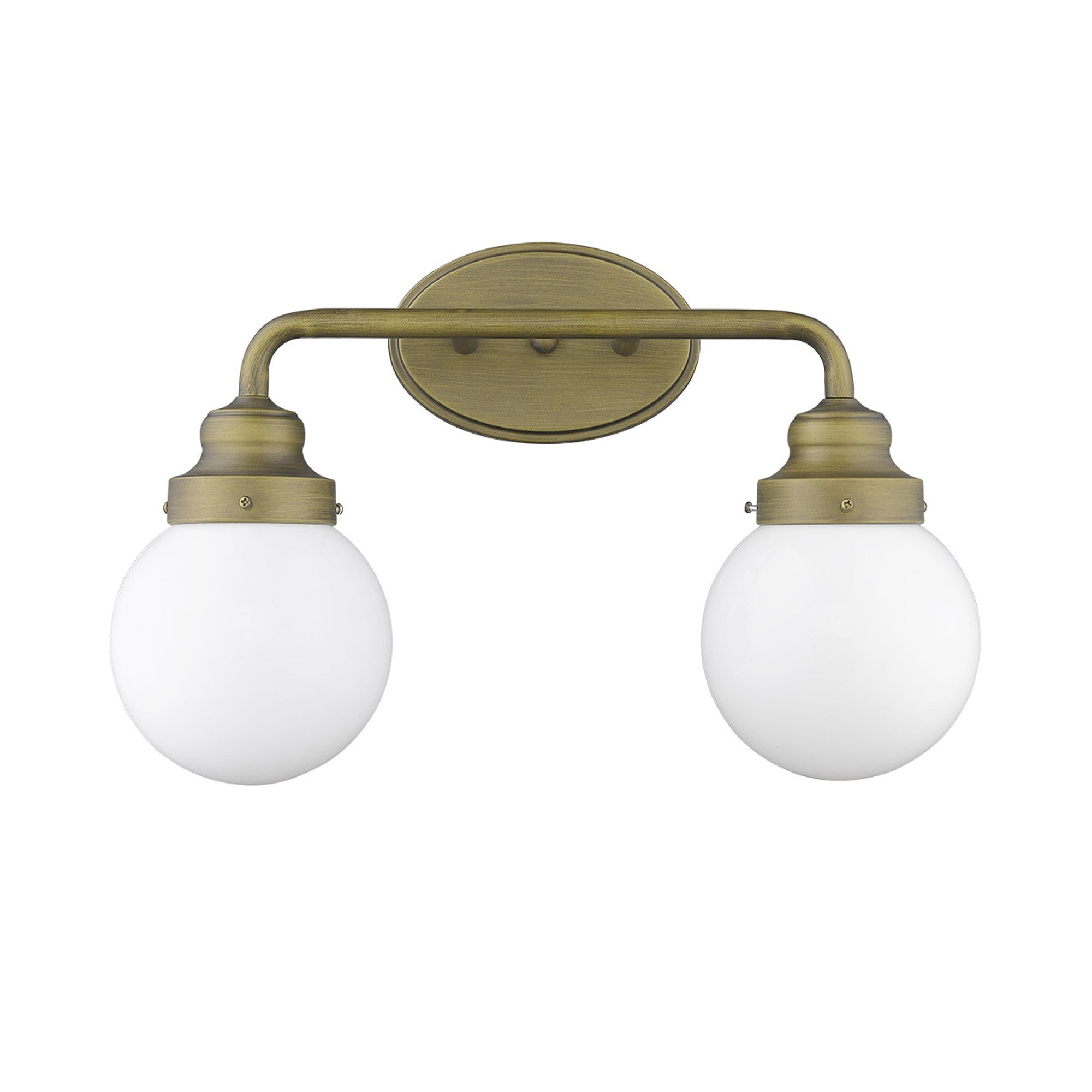 Front view of the Two-light brushed gold wall sconce with round glass shades for modern bathroom, hallway, or bedroom lighting, 14 inches wide and dimmable.