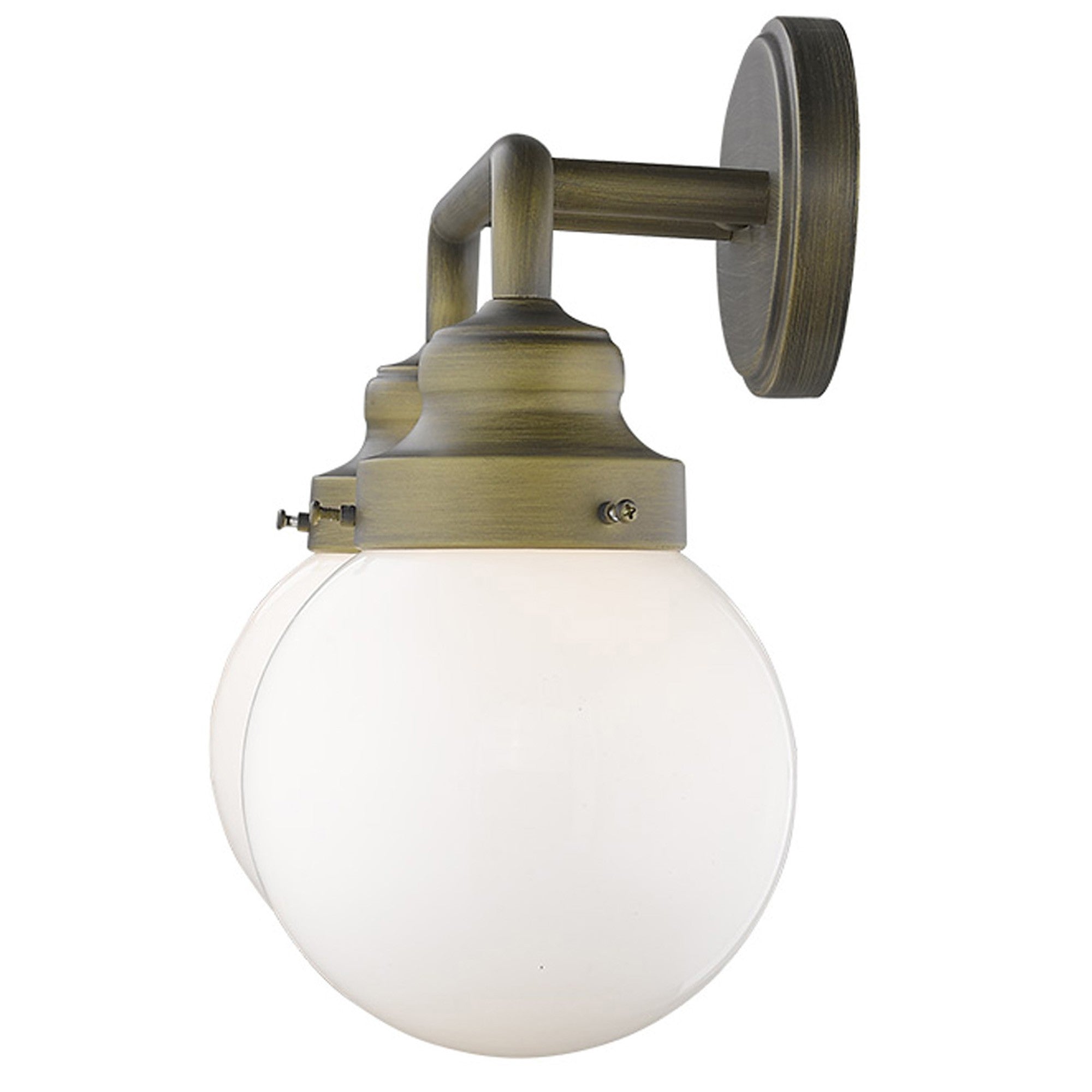 Side view of the Two-light brushed gold wall sconce with round glass shades for modern bathroom, hallway, or bedroom lighting, 14 inches wide and dimmable.