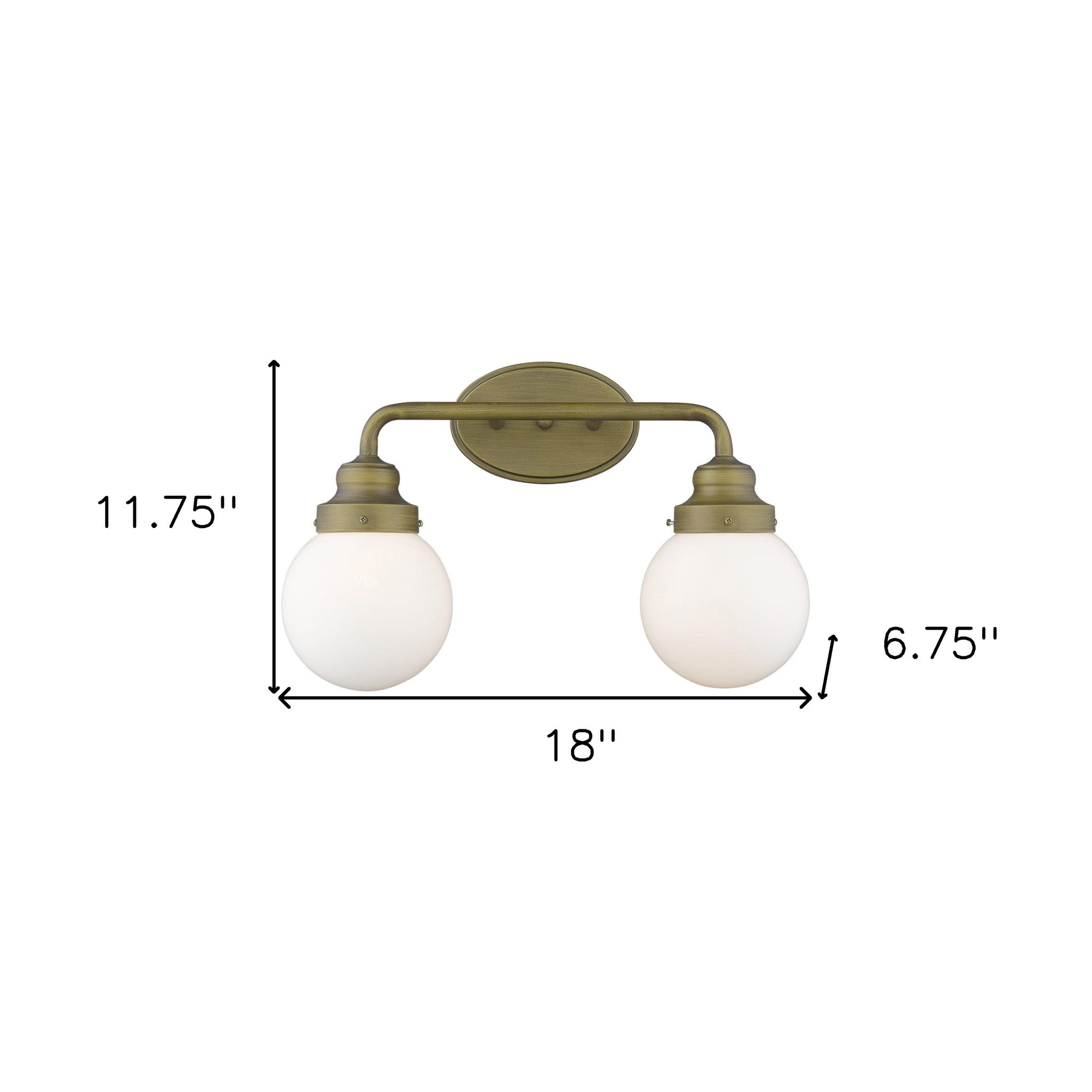 Two-light brushed gold wall sconce with round glass shades for modern bathroom, hallway, or bedroom lighting, 14 inches wide and dimmable shown with dimensions of 11 point 75 inches high by 18 inches wide by 6 point 75 inches deep