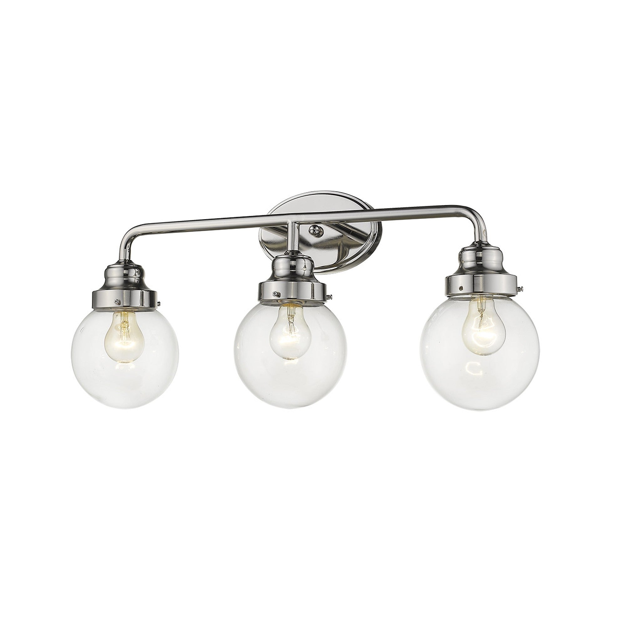 Right side angle view of lighted Portsmith 3-light polished nickel vanity with clear glass globes for retro-modern bathroom lighting, 26 inches wide and dimmable.