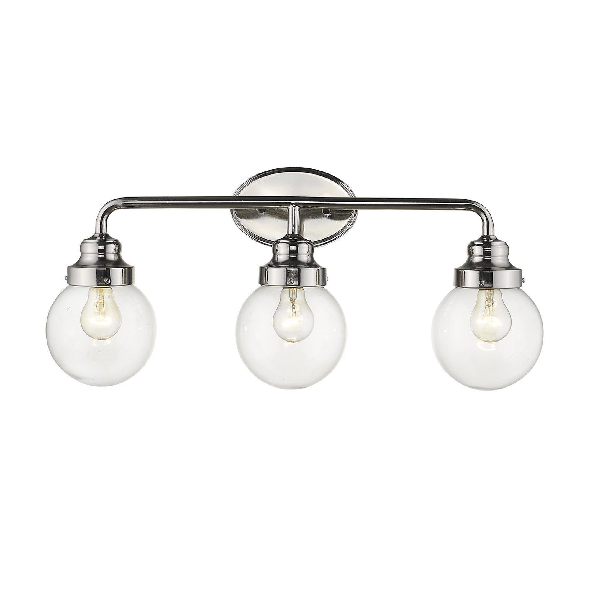 Front view of lighted Portsmith 3-light polished nickel vanity with clear glass globes for retro-modern bathroom lighting, 26 inches wide and dimmable.