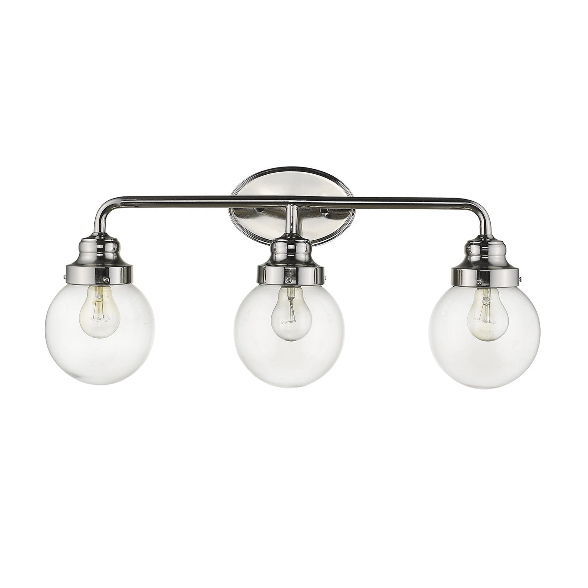 Front view of Portsmith 3-light polished nickel vanity with clear glass globes for retro-modern bathroom lighting, 26 inches wide and dimmable.