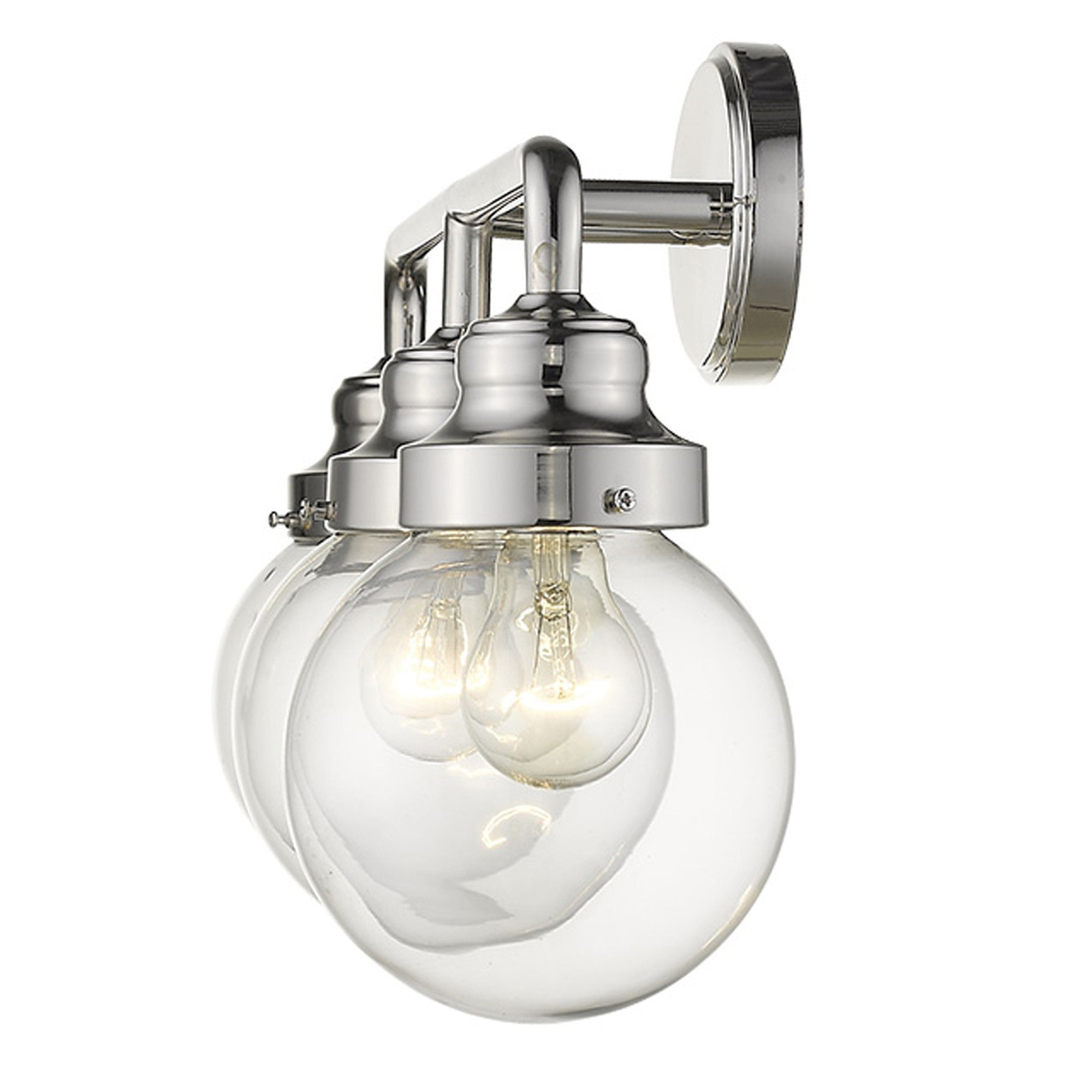 Side view of lighted Portsmith 3-light polished nickel vanity with clear glass globes for retro-modern bathroom lighting, 26 inches wide and dimmable.