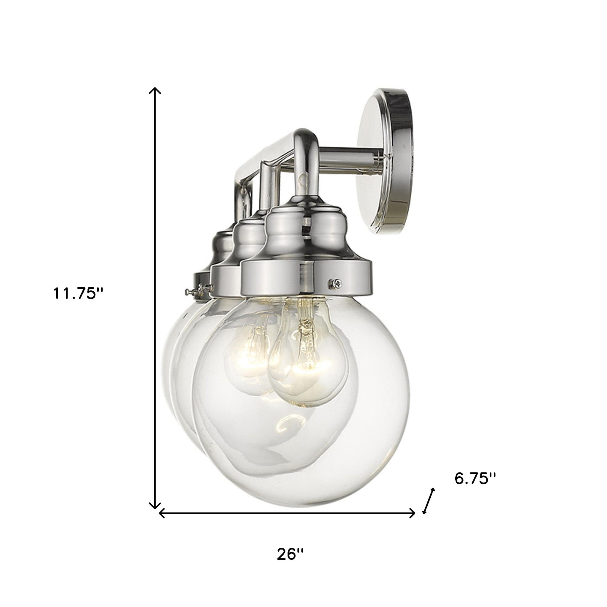 Portsmith 3-light polished nickel vanity with clear glass globes for retro-modern bathroom lighting, 26 inches wide and dimmable shown with dimensions of 11 point 75 inches high by 26 inches wide by 6 point 75 inches deep