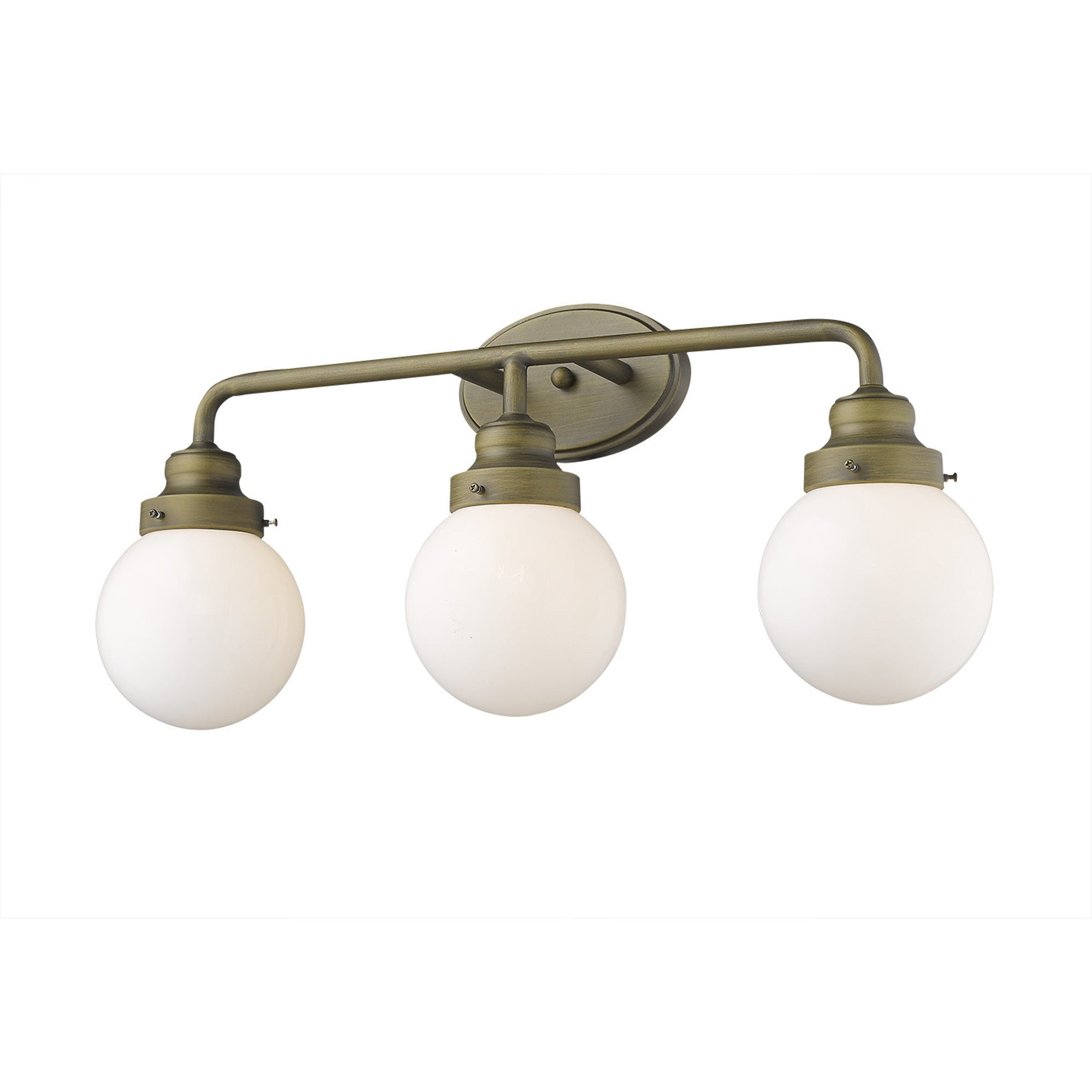 Right side bottom up view of the lighted Portsmith 3-light raw brass vanity with opal glass globes for vintage or modern bathroom lighting, 26 inches wide and dimmable