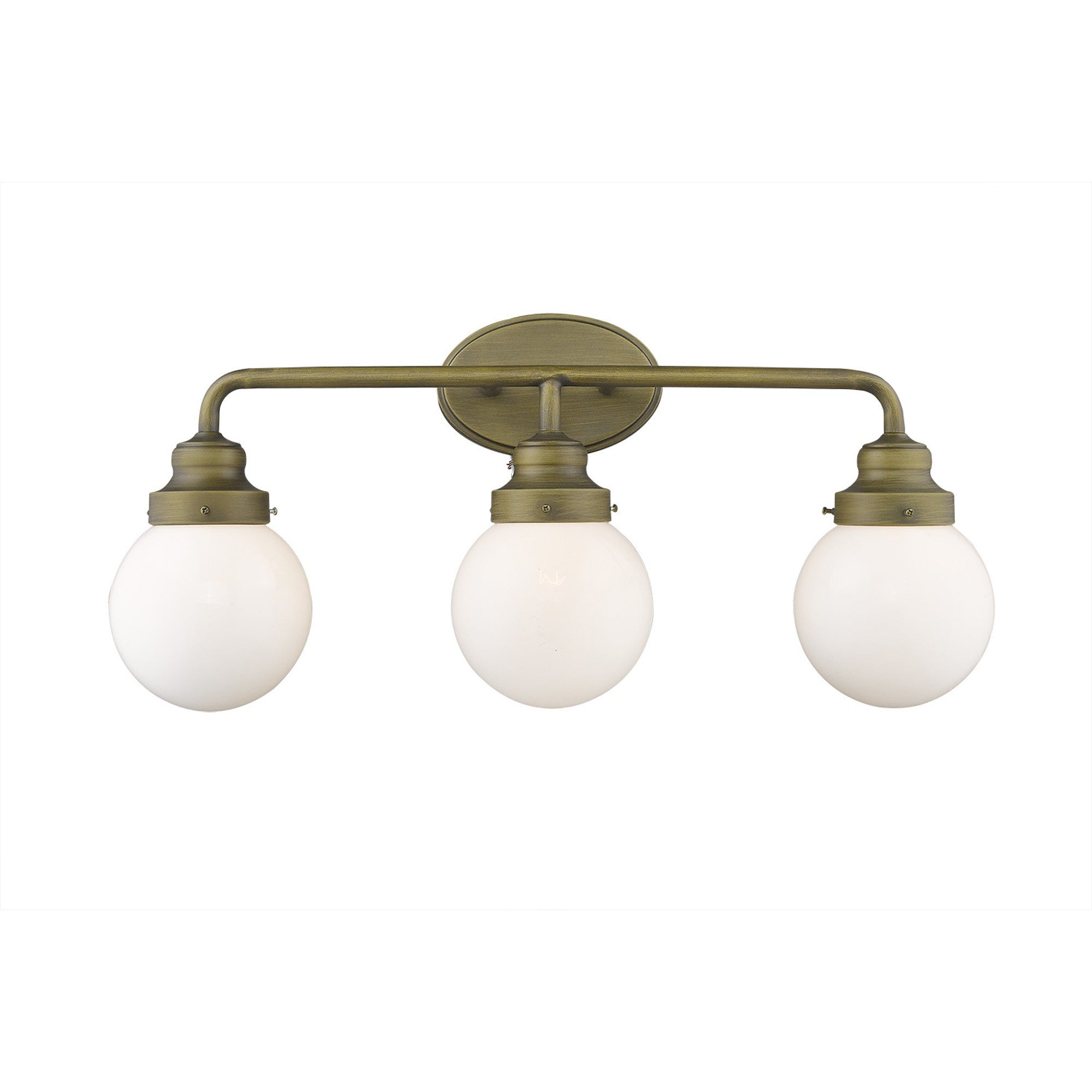 Front view of the lighted Portsmith 3-light raw brass vanity with opal glass globes for vintage or modern bathroom lighting, 26 inches wide and dimmable