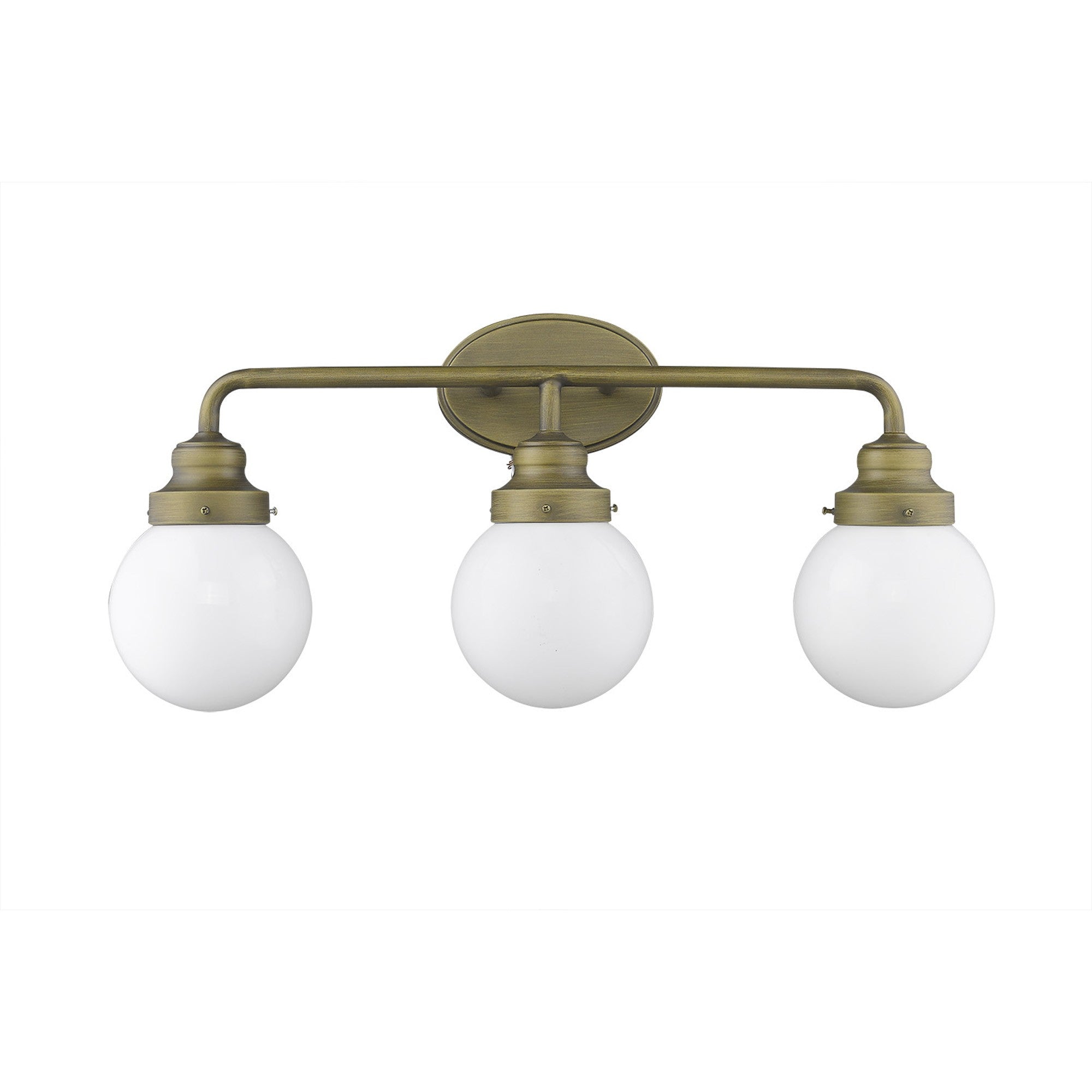 Front view of the Portsmith 3-light raw brass vanity with opal glass globes for vintage or modern bathroom lighting, 26 inches wide and dimmable