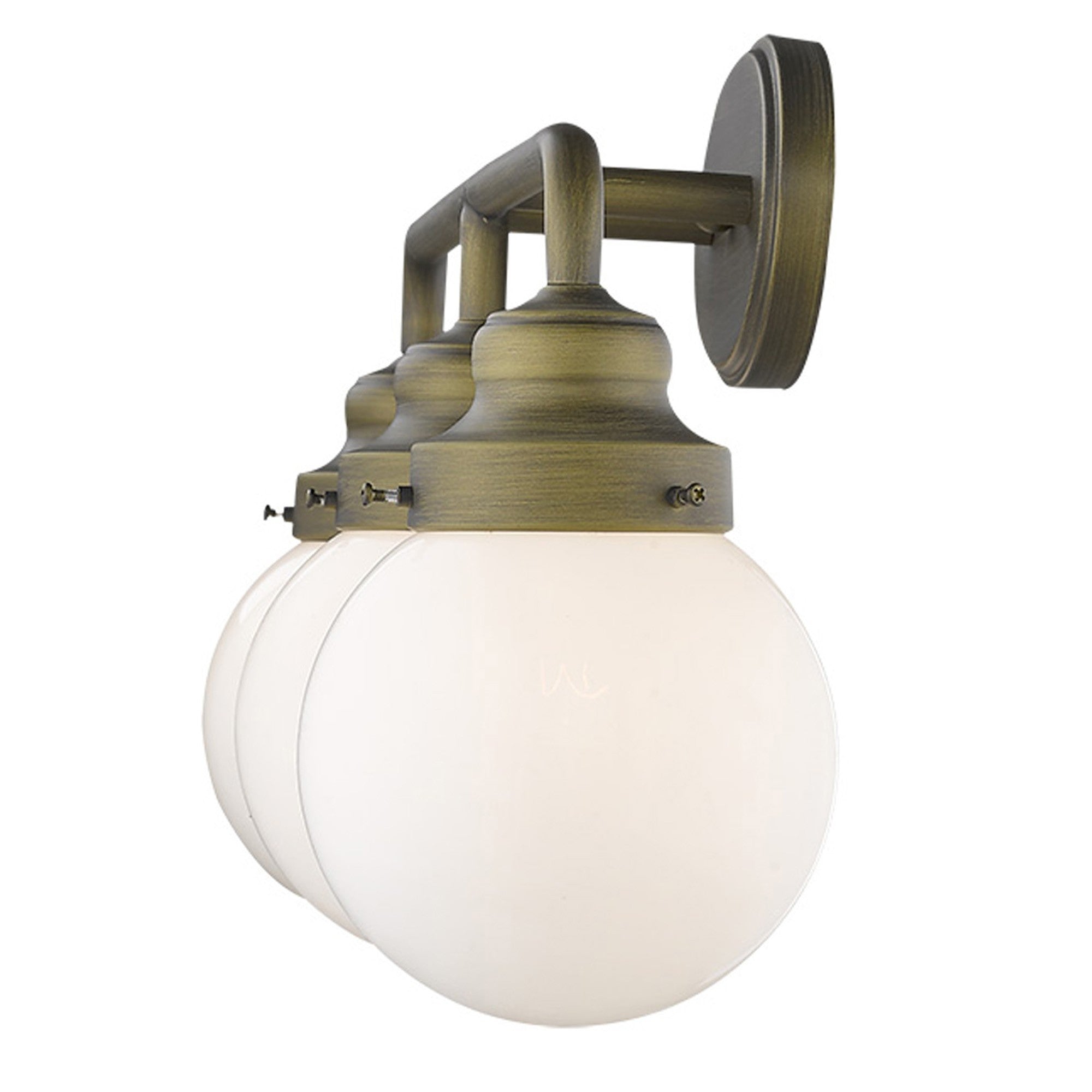 Side view of the lighted Portsmith 3-light raw brass vanity with opal glass globes for vintage or modern bathroom lighting, 26 inches wide and dimmable