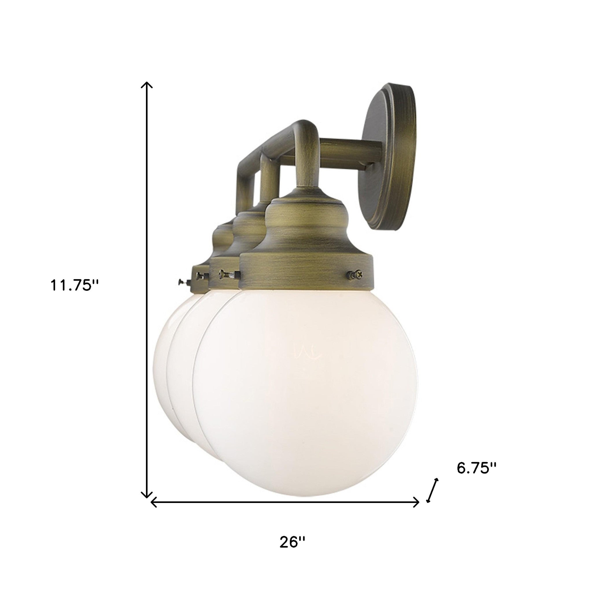 Portsmith 3-light raw brass vanity with opal glass globes for vintage or modern bathroom lighting, 26 inches wide and dimmable shown with dimensions of 11 point 75 inches high by 26 inches wide by 6 point 75 inches deep
