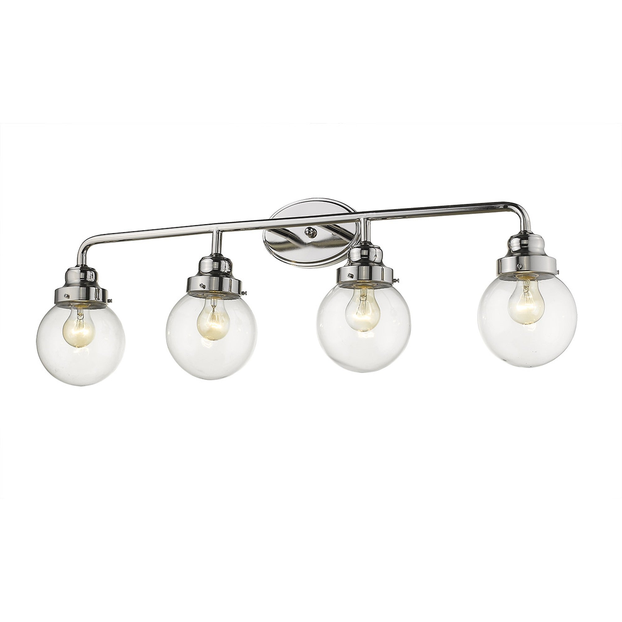 Right side bottom up angle view of lighted Portsmith 4-light polished nickel vanity with clear glass globes for modern or classic bathroom lighting, 36 inches wide and dimmable