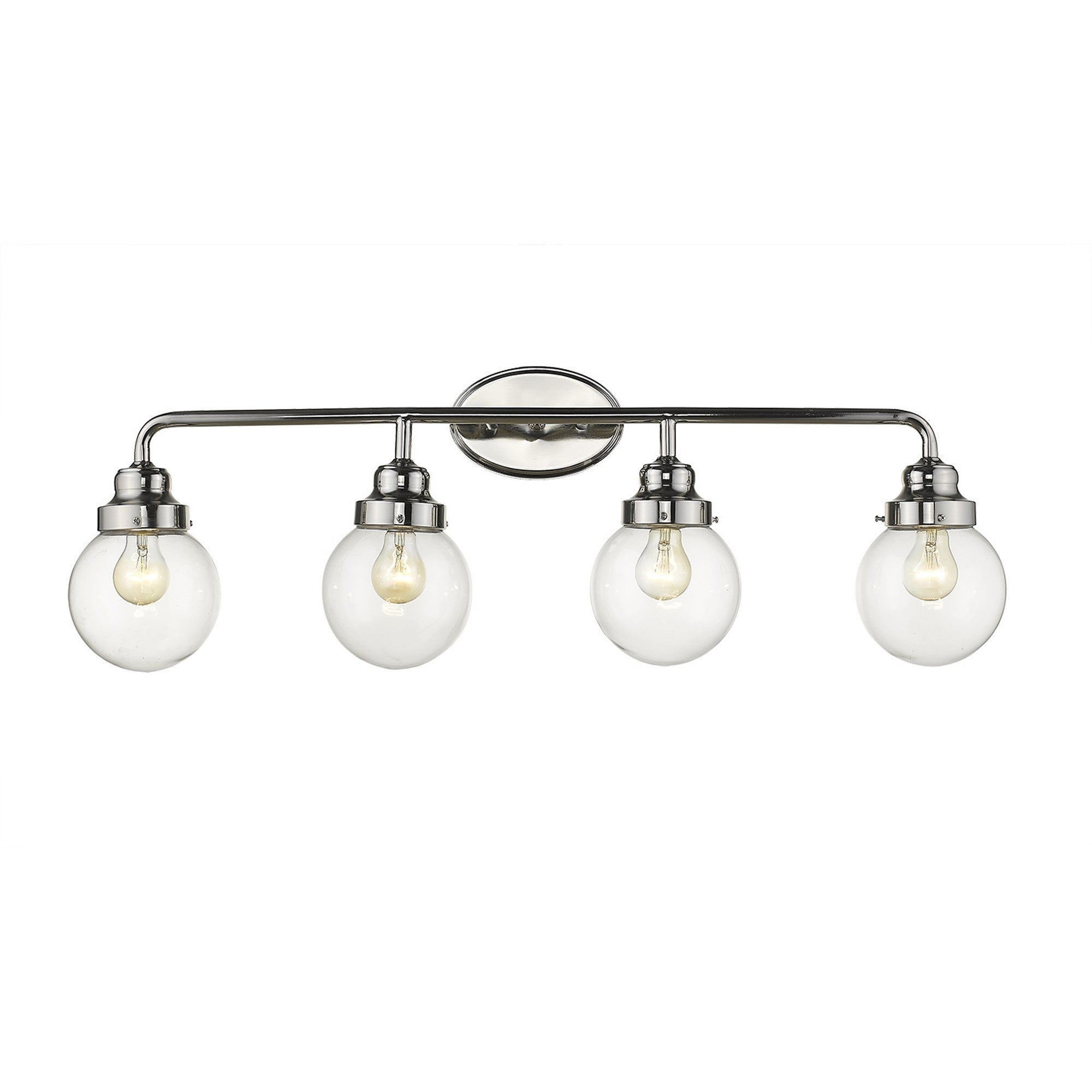 Front view of lighted Portsmith 4-light polished nickel vanity with clear glass globes for modern or classic bathroom lighting, 36 inches wide and dimmable