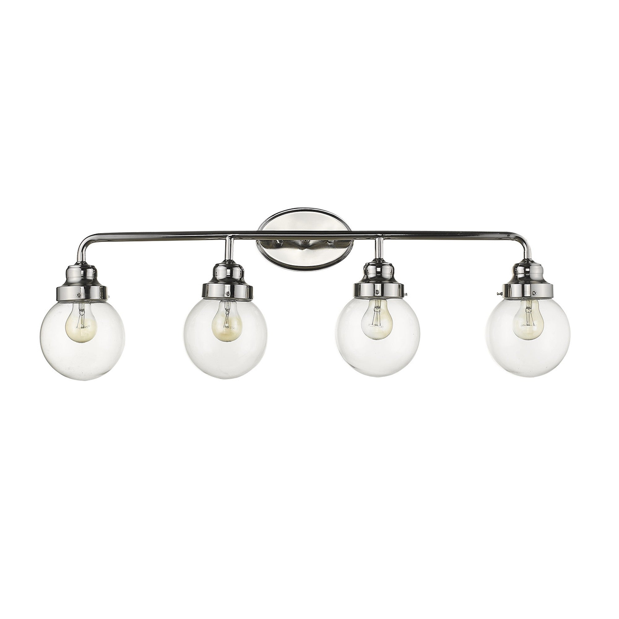 Front view of Portsmith 4-light polished nickel vanity with clear glass globes for modern or classic bathroom lighting, 36 inches wide and dimmable