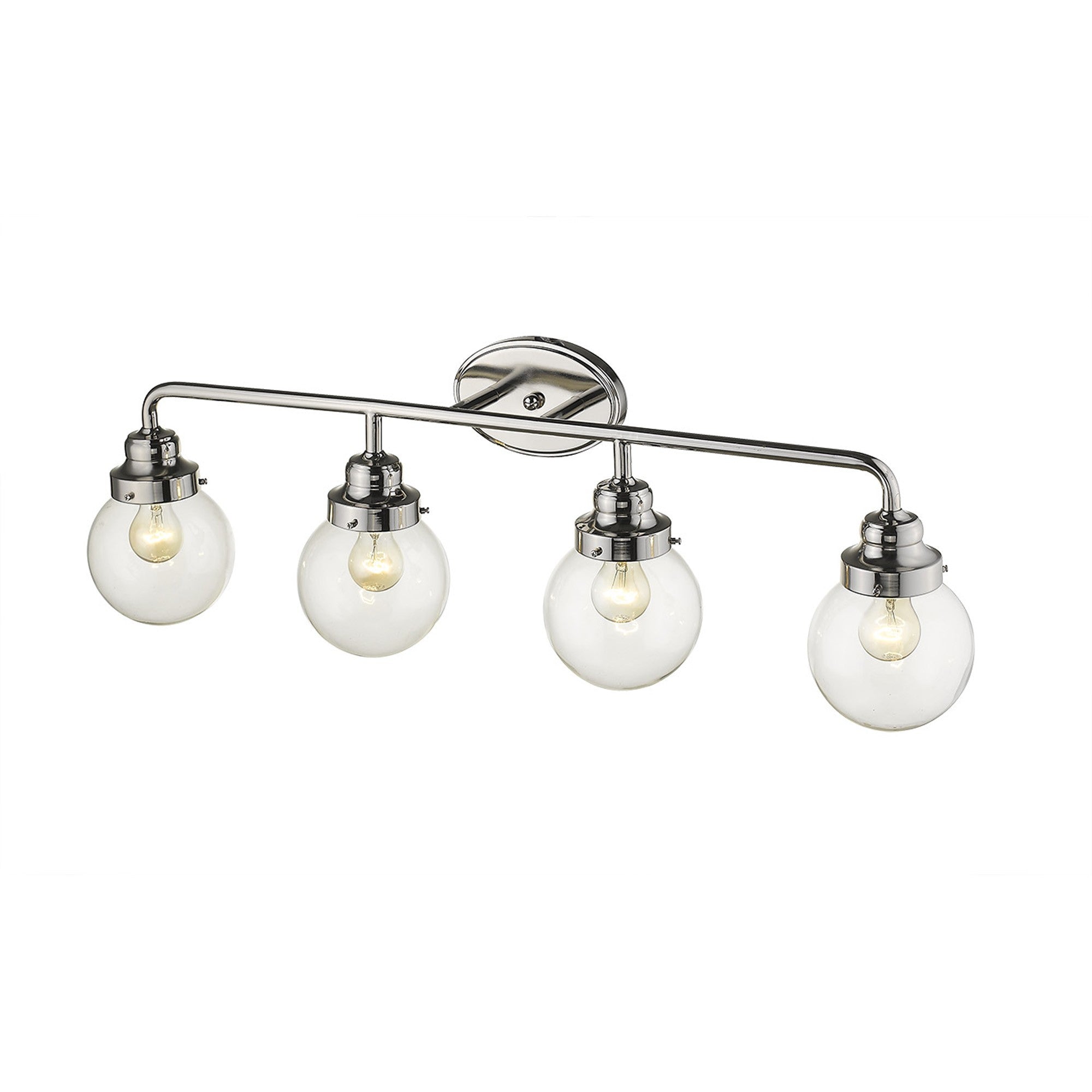 Top down angle view of lighted Portsmith 4-light polished nickel vanity with clear glass globes for modern or classic bathroom lighting, 36 inches wide and dimmable