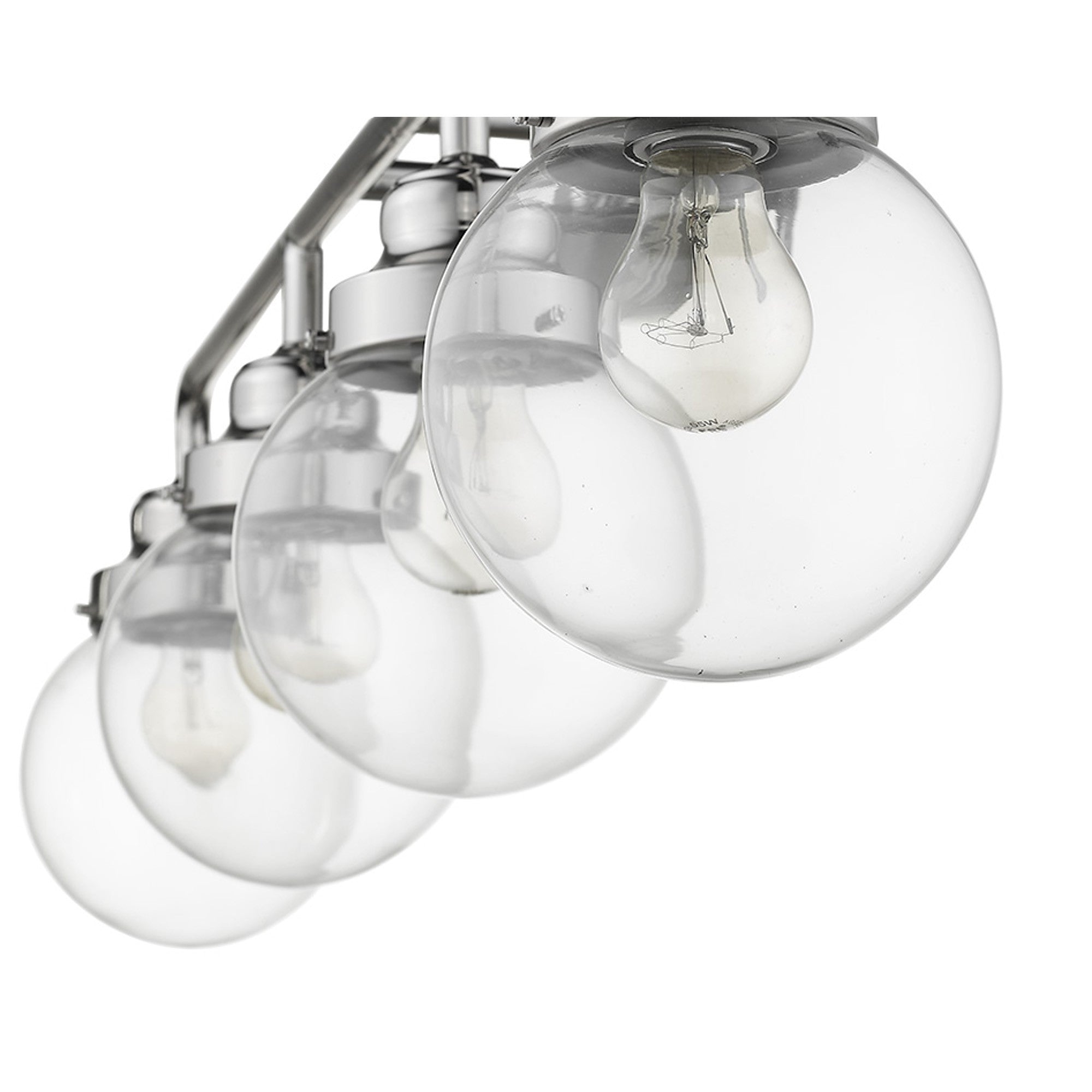 Bottom up angle view of lighted Portsmith 4-light polished nickel vanity with clear glass globes for modern or classic bathroom lighting, 36 inches wide and dimmable