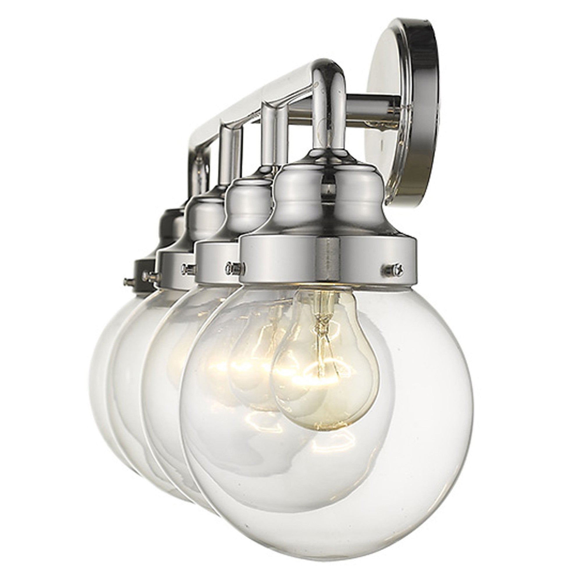Side view of lighted Portsmith 4-light polished nickel vanity with clear glass globes for modern or classic bathroom lighting, 36 inches wide and dimmable
