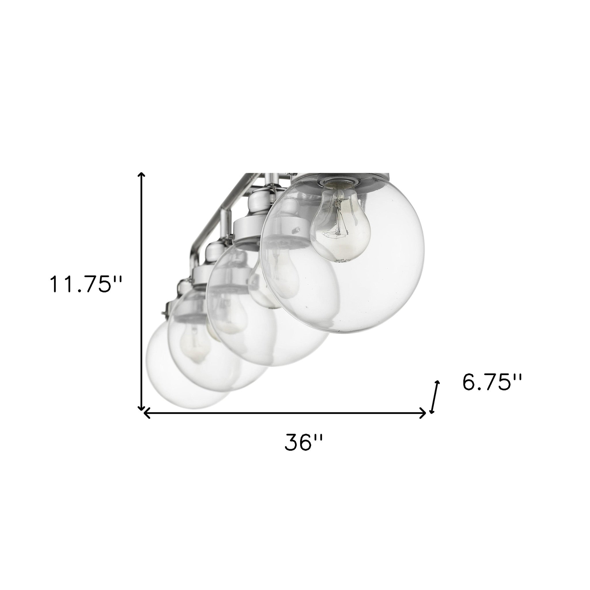 Portsmith 4-light polished nickel vanity with clear glass globes for modern or classic bathroom lighting, 36 inches wide and dimmable shown with dimensions of 11 point 75 inches high by 36 inches wide by 6 point 75 inches deep