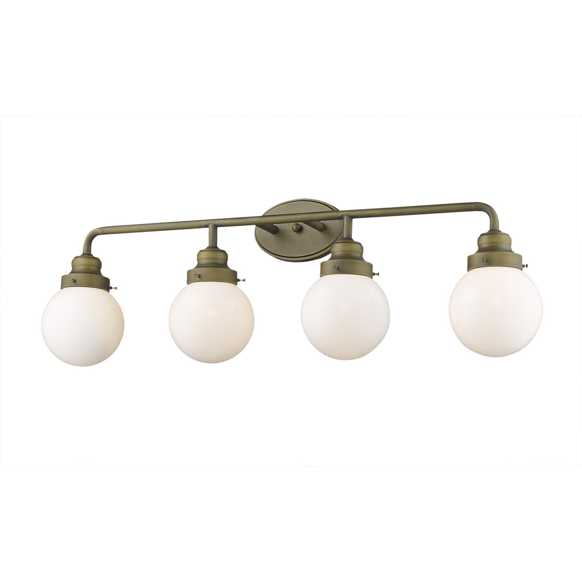 Right side angle view of the Portsmith 4-light raw brass vanity with opal glass globes for retro-modern bathroom lighting, 36 inches wide and dimmable