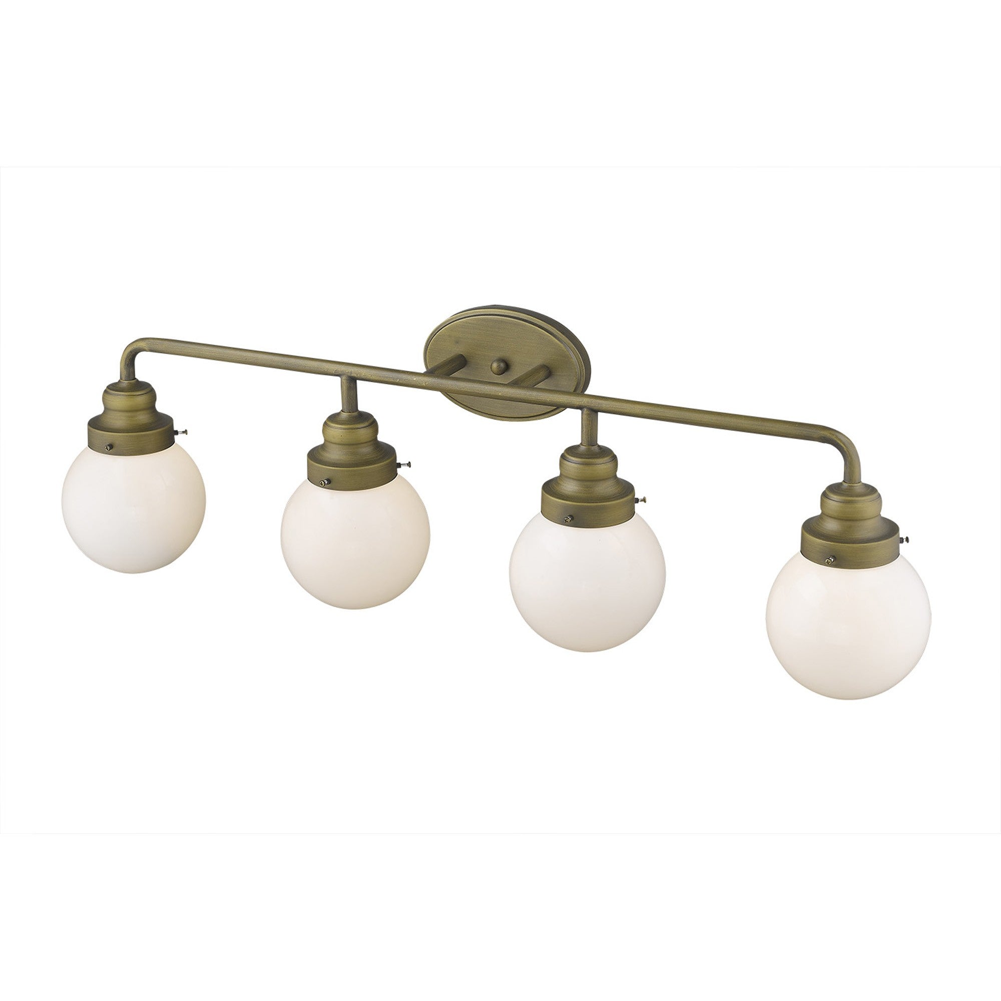 Top down angle view of the Portsmith 4-light raw brass vanity with opal glass globes for retro-modern bathroom lighting, 36 inches wide and dimmable