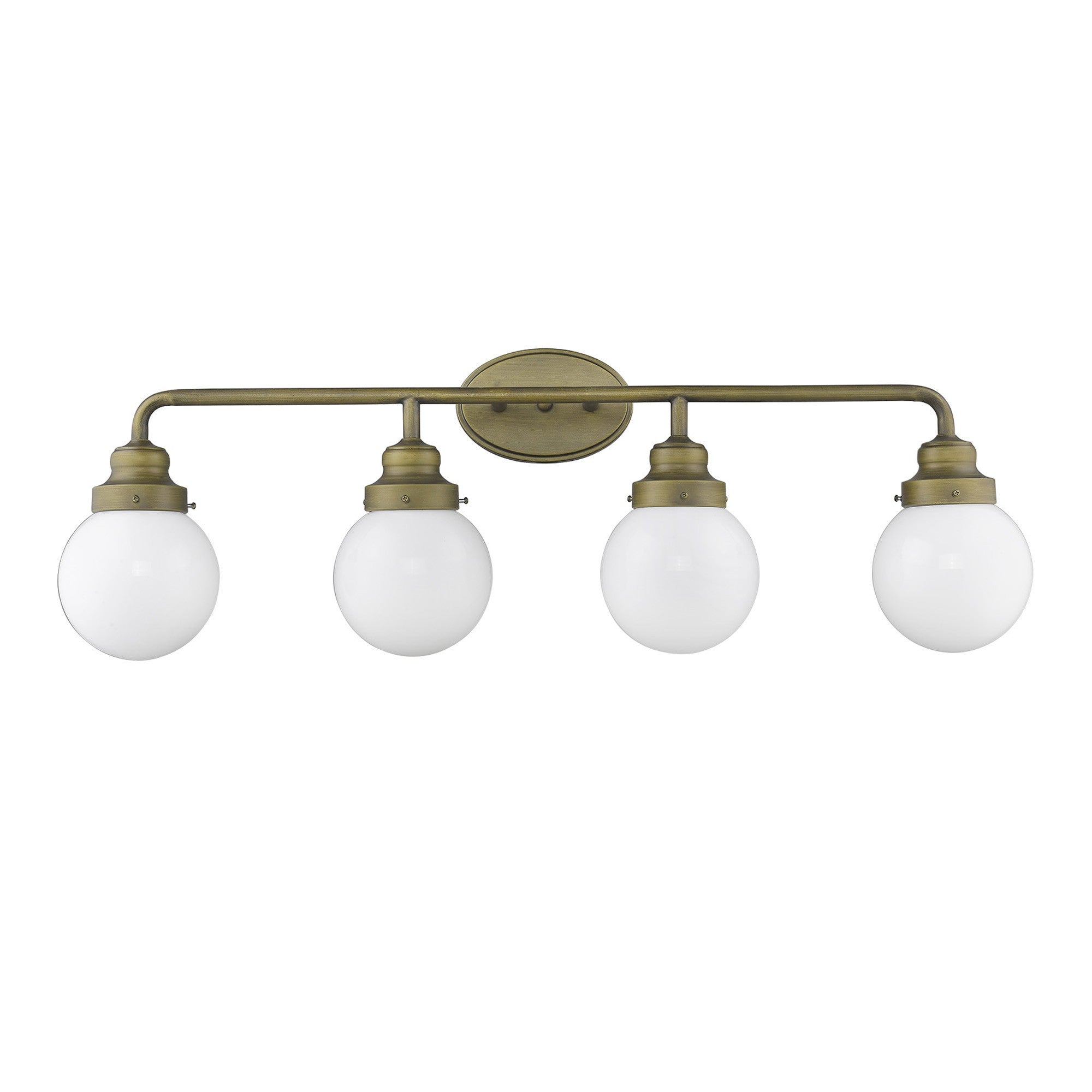 Front view of the Portsmith 4-light raw brass vanity with opal glass globes for retro-modern bathroom lighting, 36 inches wide and dimmable