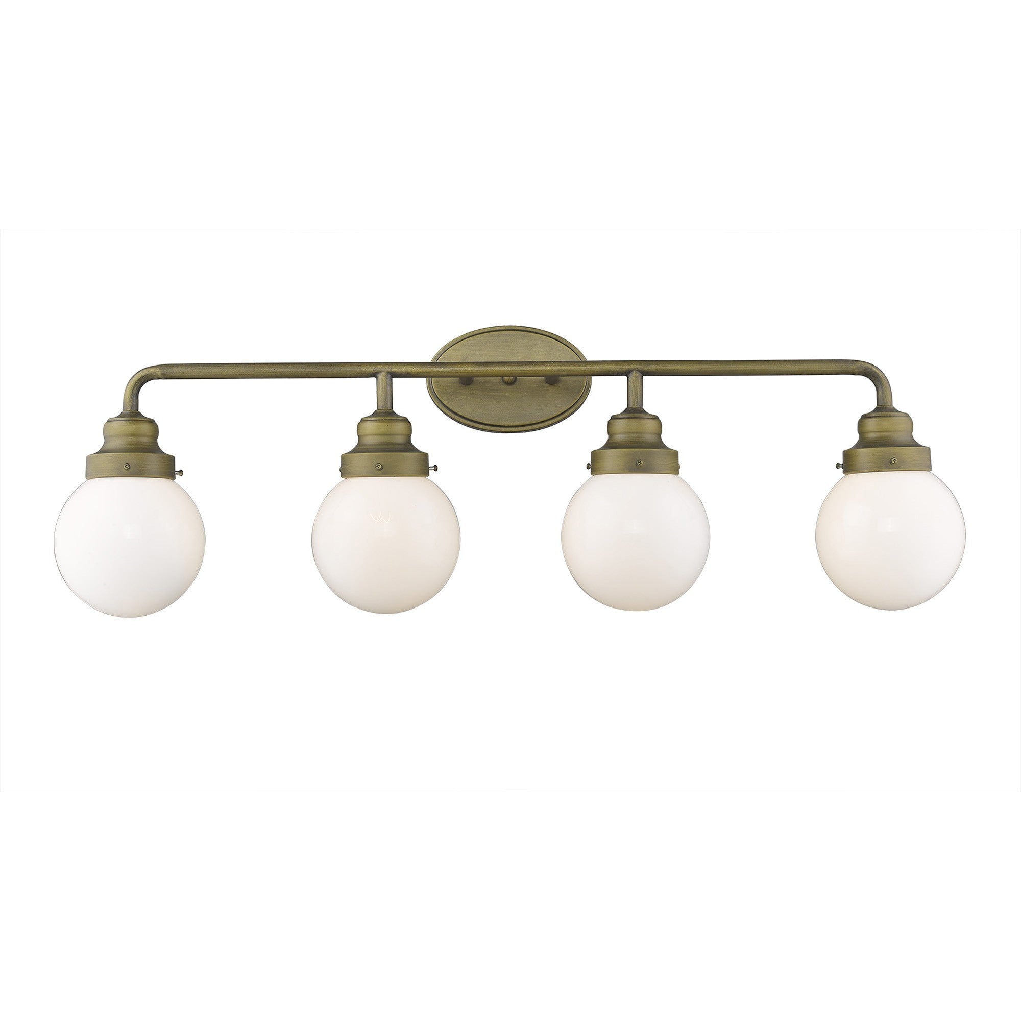 Front view of the lighted Portsmith 4-light raw brass vanity with opal glass globes for retro-modern bathroom lighting, 36 inches wide and dimmable