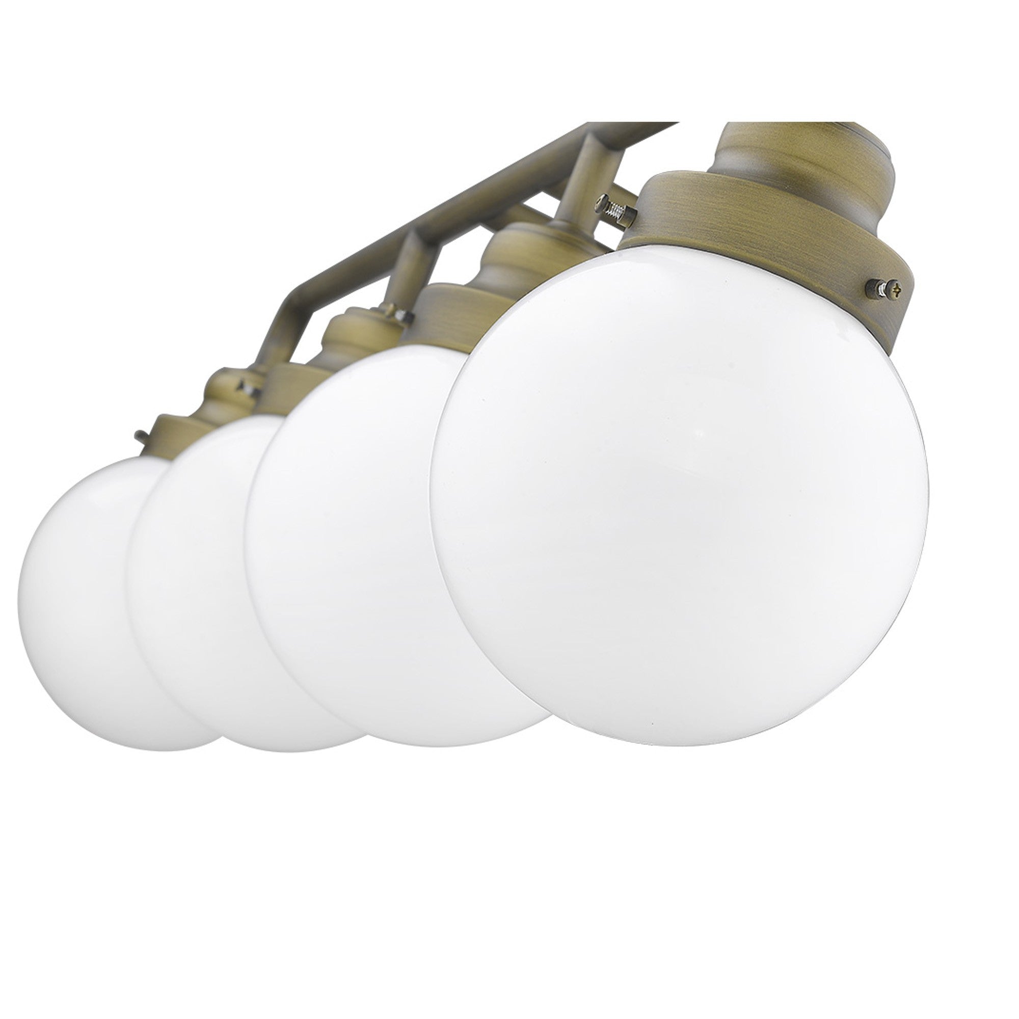 Bottom up angle view of the Portsmith 4-light raw brass vanity with opal glass globes for retro-modern bathroom lighting, 36 inches wide and dimmable