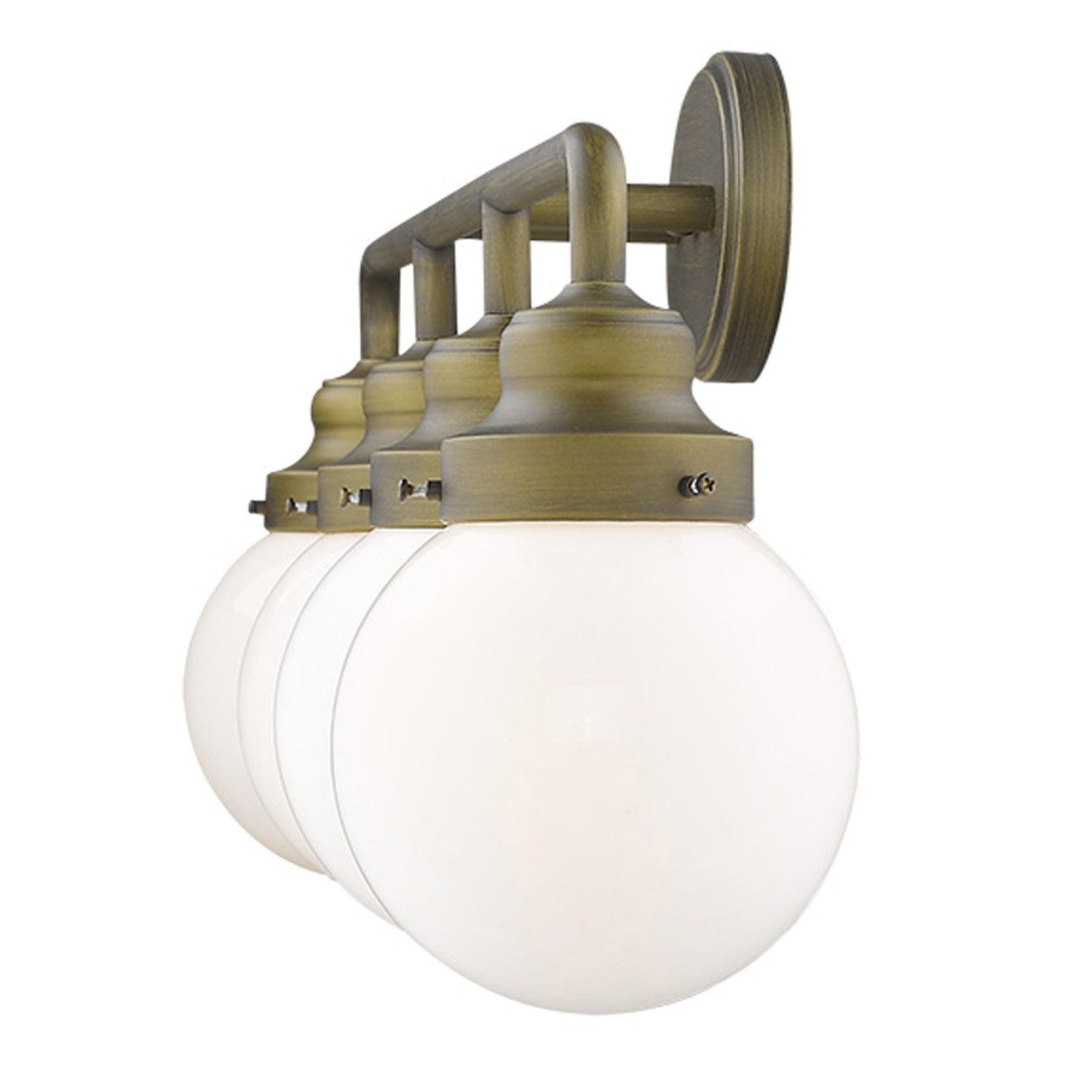 Side view of the Portsmith 4-light raw brass vanity with opal glass globes for retro-modern bathroom lighting, 36 inches wide and dimmable