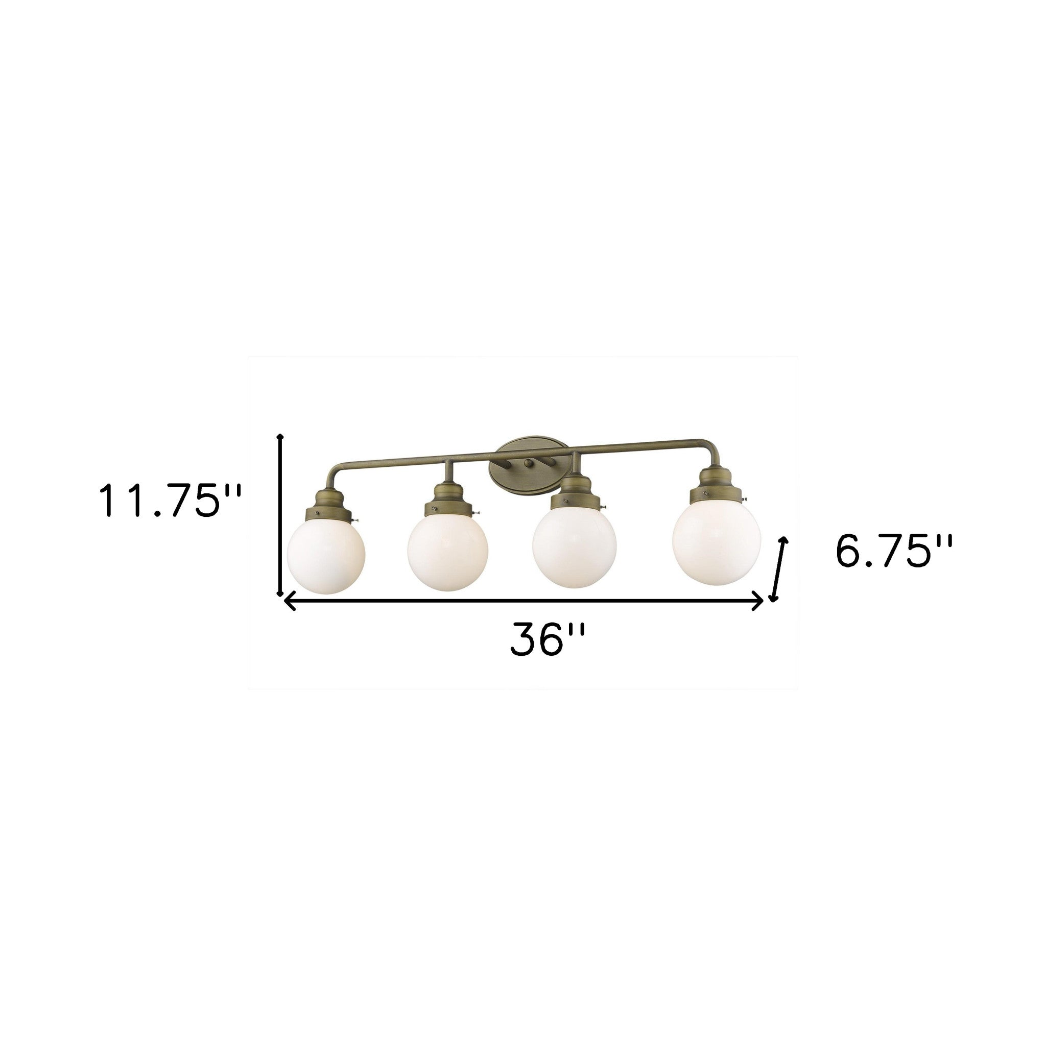 Portsmith 4-light raw brass vanity with opal glass globes for retro-modern bathroom lighting, 36 inches wide and dimmable shown with dimensions of 11 point 75 inches high by 36 inches wide by six point 75 inches deep