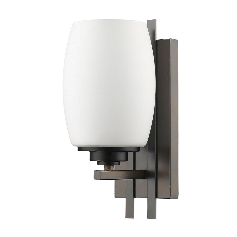 RIght side angle view of the Geometric bronze wall sconce with frosted glass shade for modern indoor lighting in hallways, bedrooms, and living spaces.