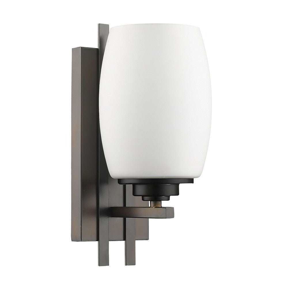 Left side angle view of the Geometric bronze wall sconce with frosted glass shade for modern indoor lighting in hallways, bedrooms, and living spaces.