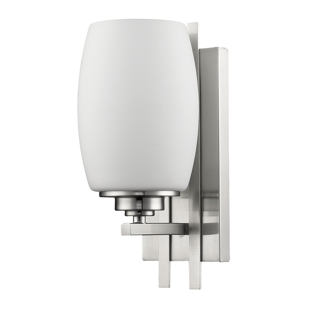 Right side angle view of the Geometric silver wall sconce with frosted glass shade for modern indoor home lighting
