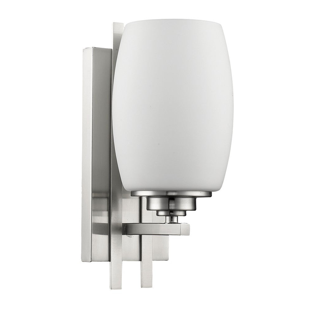Ledt side angle view of the Geometric silver wall sconce with frosted glass shade for modern indoor home lighting