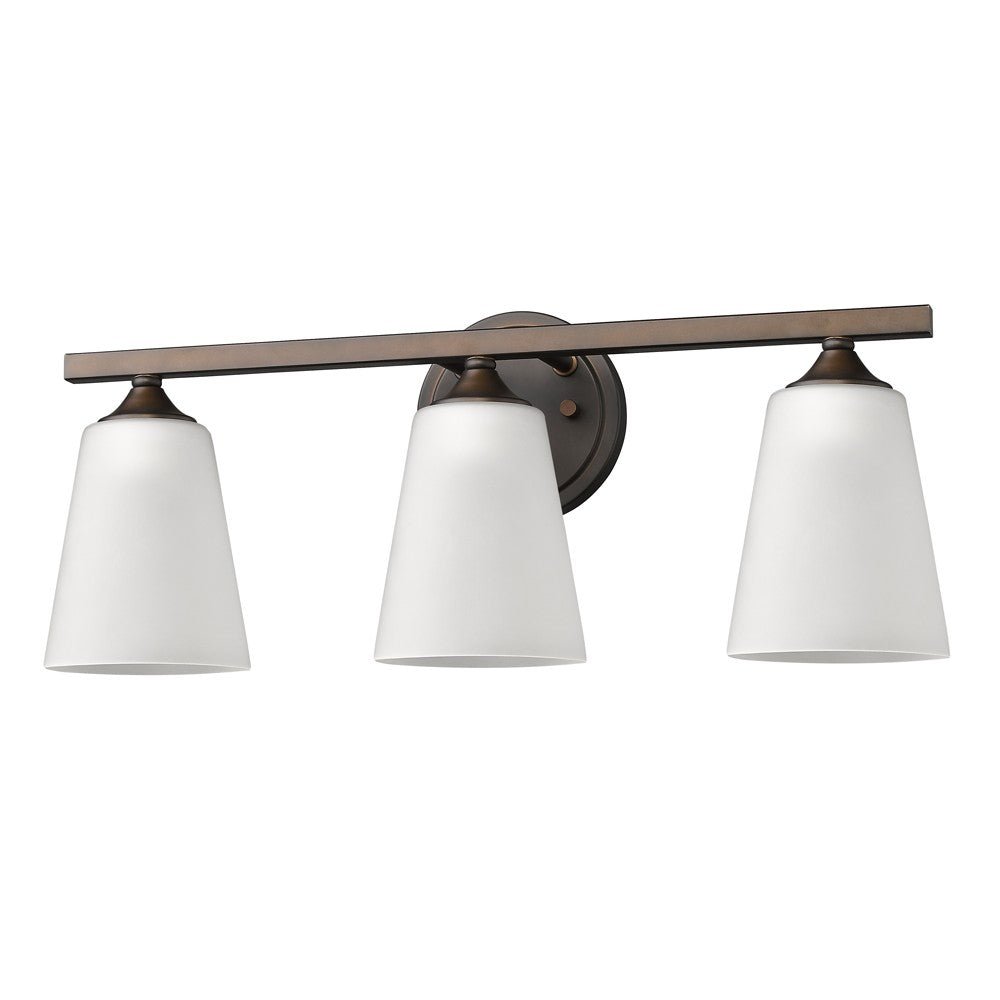Right side angled view of the Three Light Bronze Metal Vanity Wall Light with frosted glass shades and bronze finish, modern bathroom lighting fixture, 20.75 inches wide by 8.5 inches high