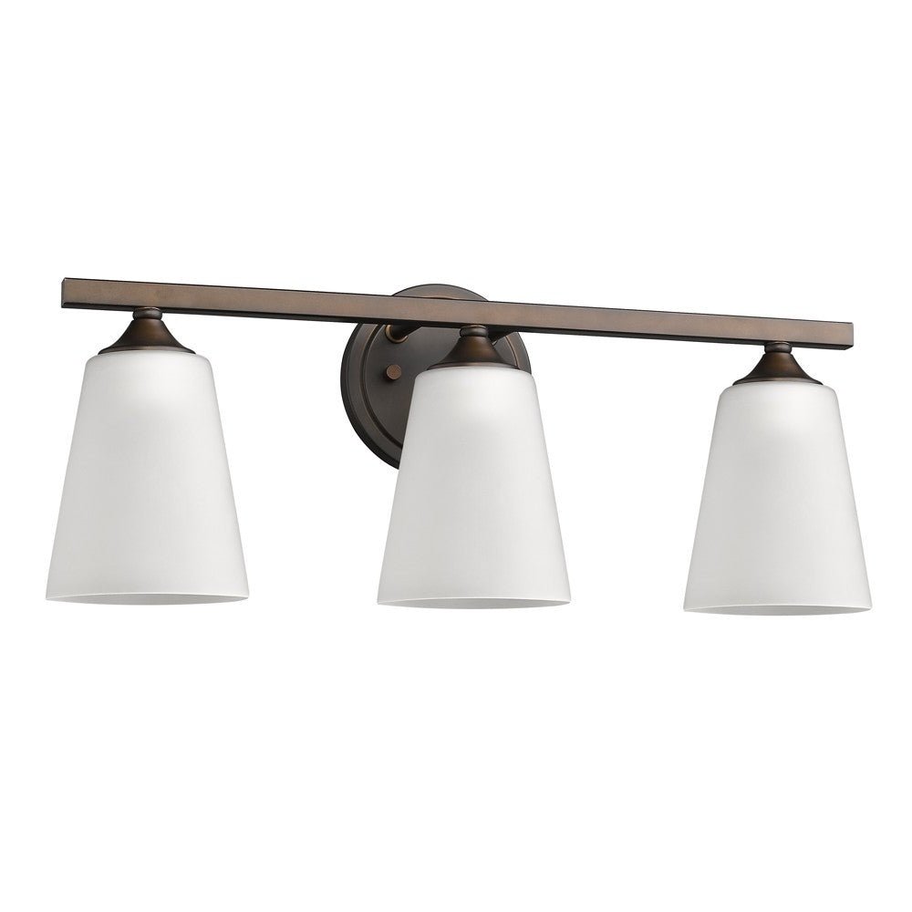 Left  side angled view of the Three Light Bronze Metal Vanity Wall Light with frosted glass shades and bronze finish, modern bathroom lighting fixture, 20.75 inches wide by 8.5 inches high