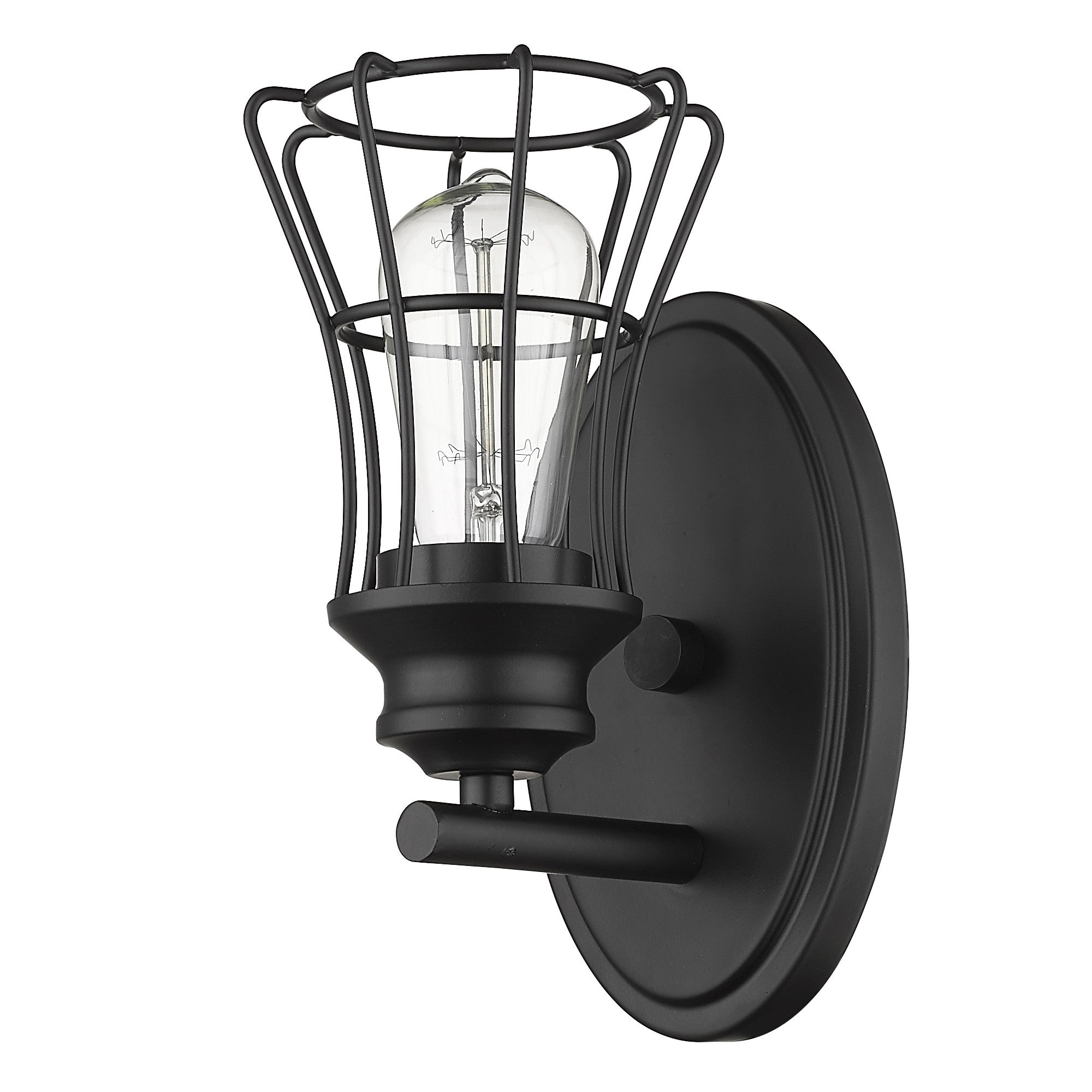 Right side bottom up angled view of the One Light Matte Black Industrial Cage Wall Sconce with oval backplate and metal cage shade, 9.75 inches high by 5 inches wide, vintage wall light fixture