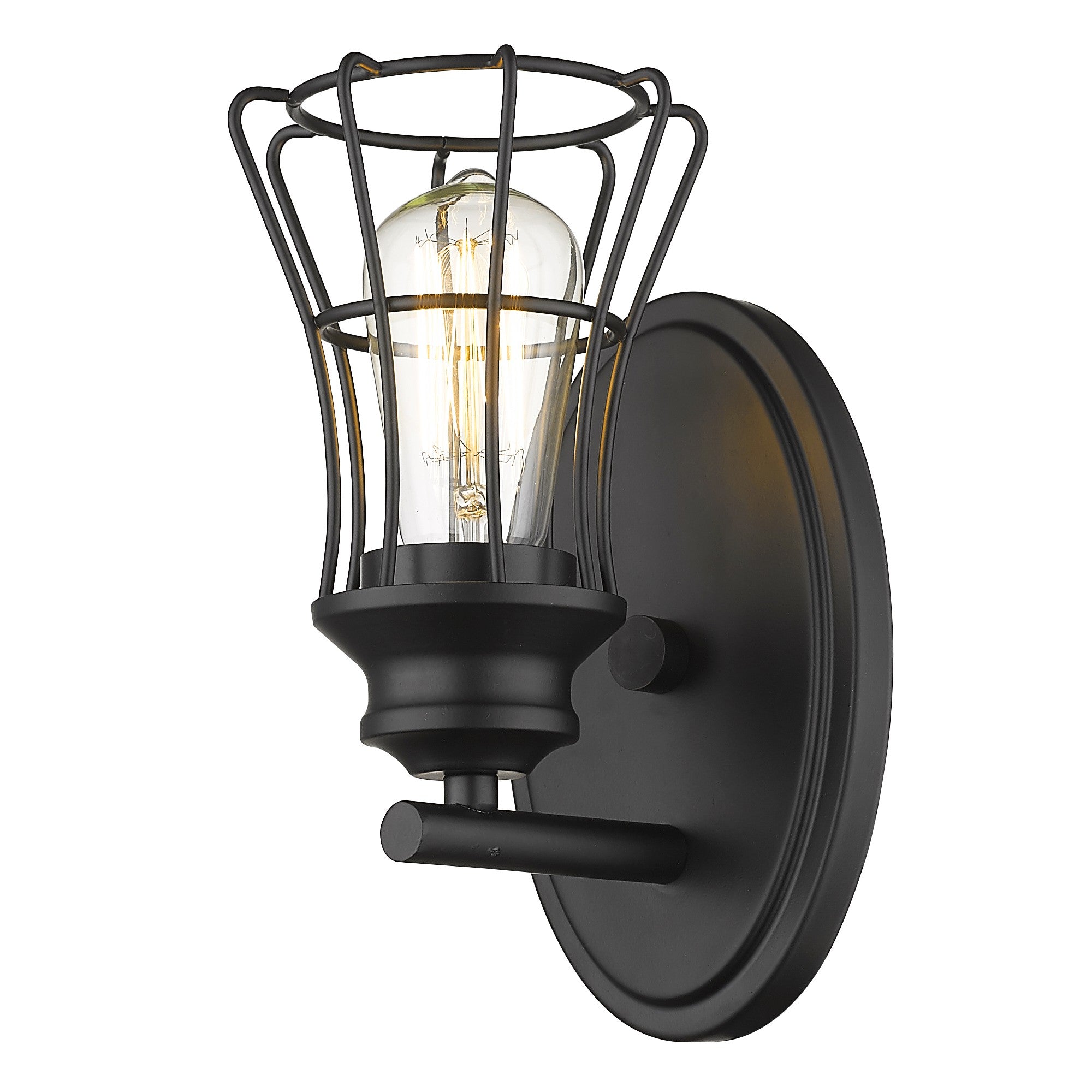 Right side bottom up angled view of the lighted One Light Matte Black Industrial Cage Wall Sconce with oval backplate and metal cage shade, 9.75 inches high by 5 inches wide, vintage wall light fixture