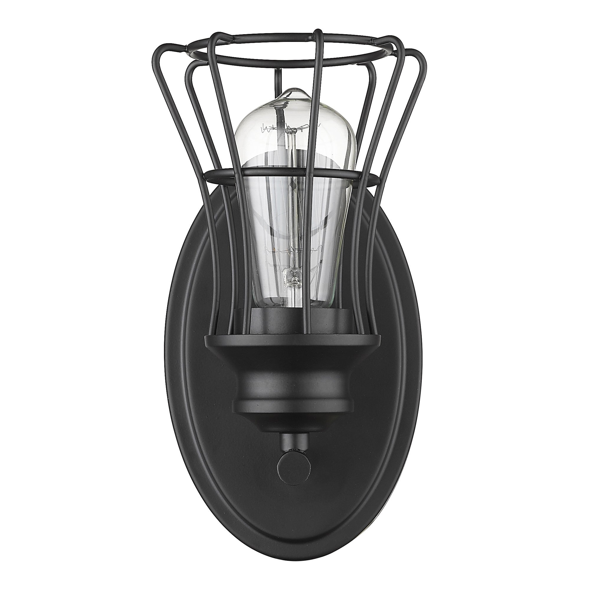 Front view of the One Light Matte Black Industrial Cage Wall Sconce with oval backplate and metal cage shade, 9.75 inches high by 5 inches wide, vintage wall light fixture