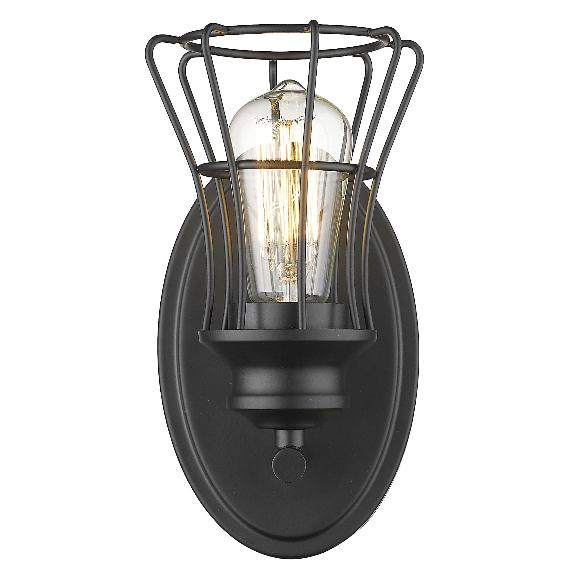Front view of the lighted One Light Matte Black Industrial Cage Wall Sconce with oval backplate and metal cage shade, 9.75 inches high by 5 inches wide, vintage wall light fixture